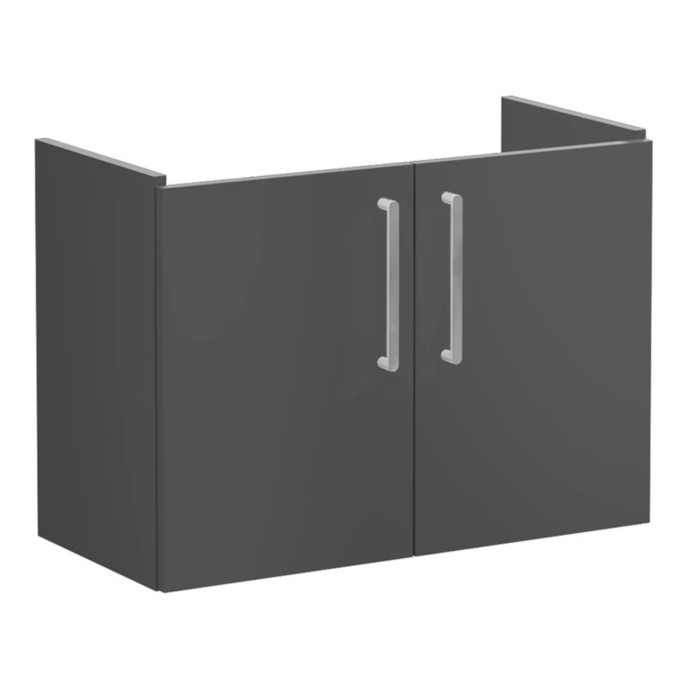 Grey bathroom cabinet with silver handles, modern storage solution for bathrooms, durable and space-efficient, ideal for organising toiletries and essentials.