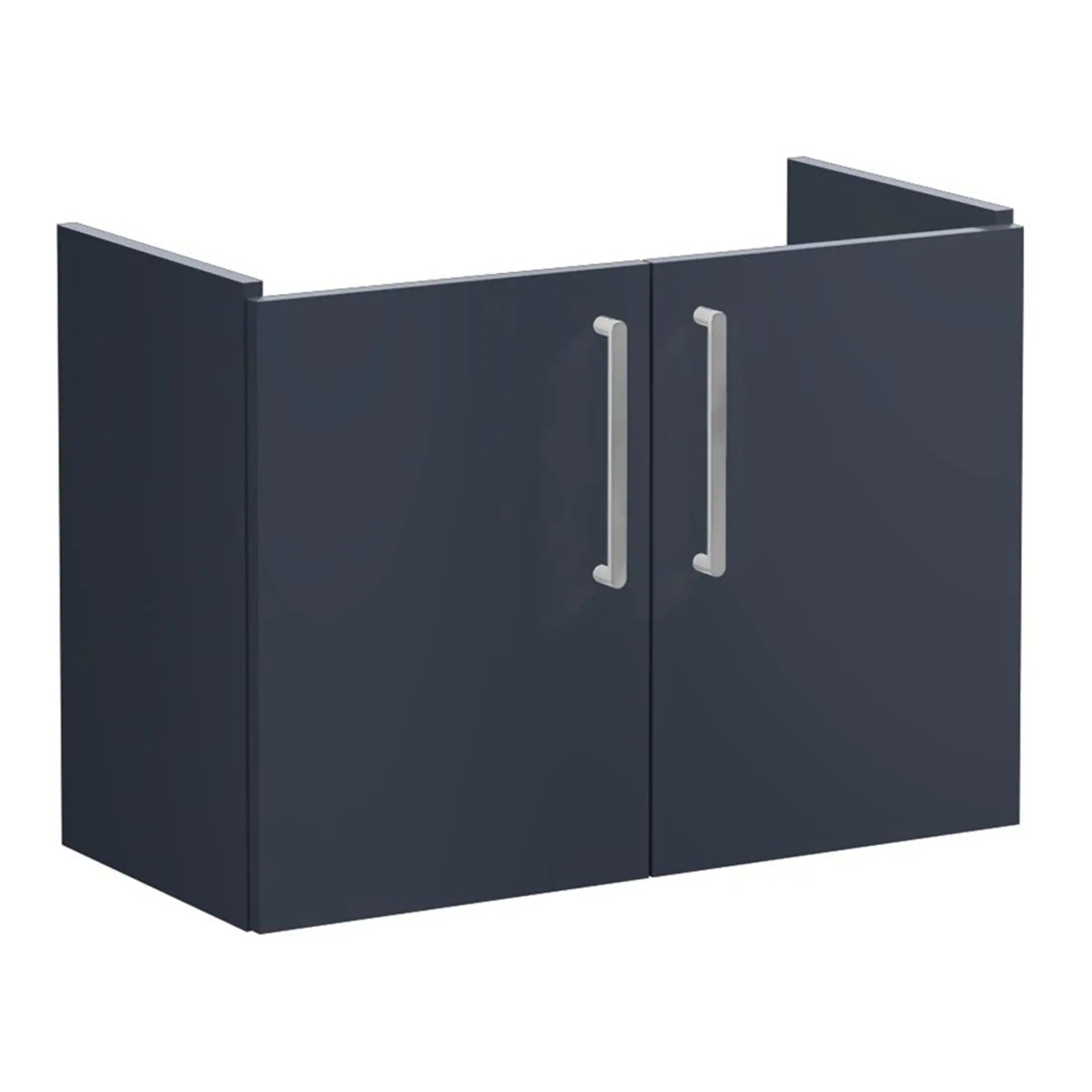Modern navy blue bathroom under sink cabinet with silver handles, designed for stylish and functional bathroom storage space. Perfect for contemporary bathroom interiors.