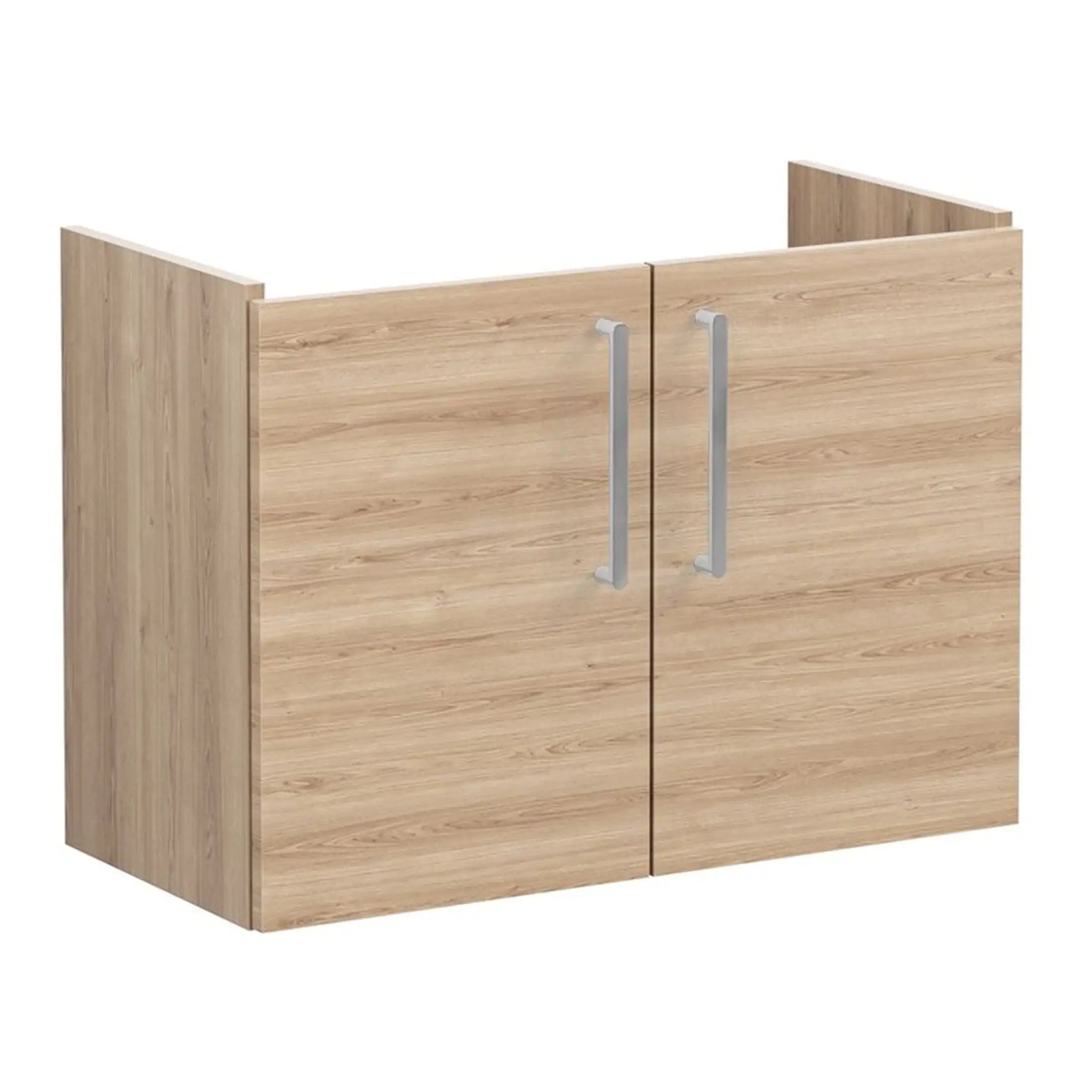 Light wood bathroom storage cabinet with metal handles, ideal for modern bathrooms and renovations. Durable and functional design for organising toiletries and accessories.