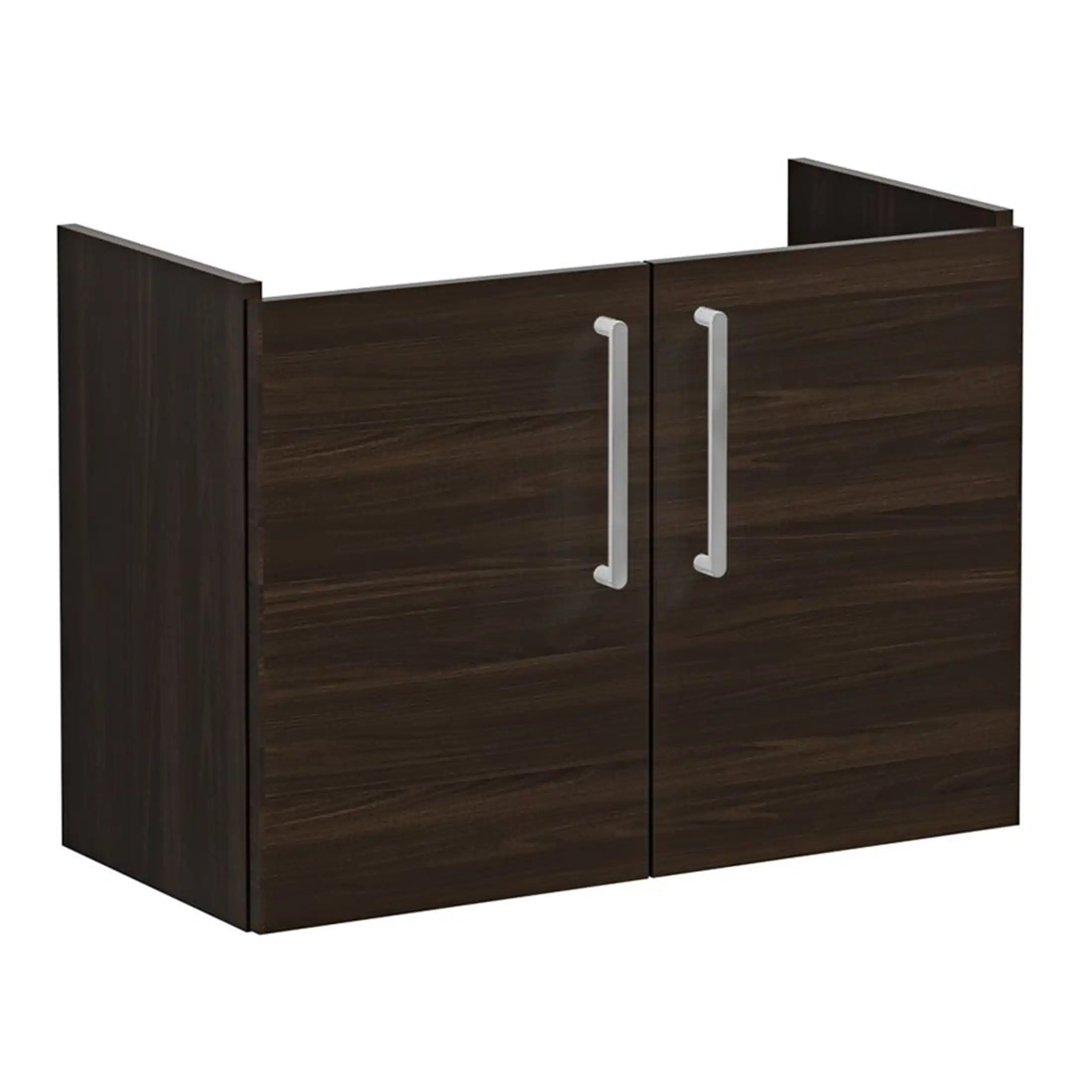 Modern dark wood bathroom cabinet with silver handles, ideal for bathroom storage solutions to enhance space and organisation.