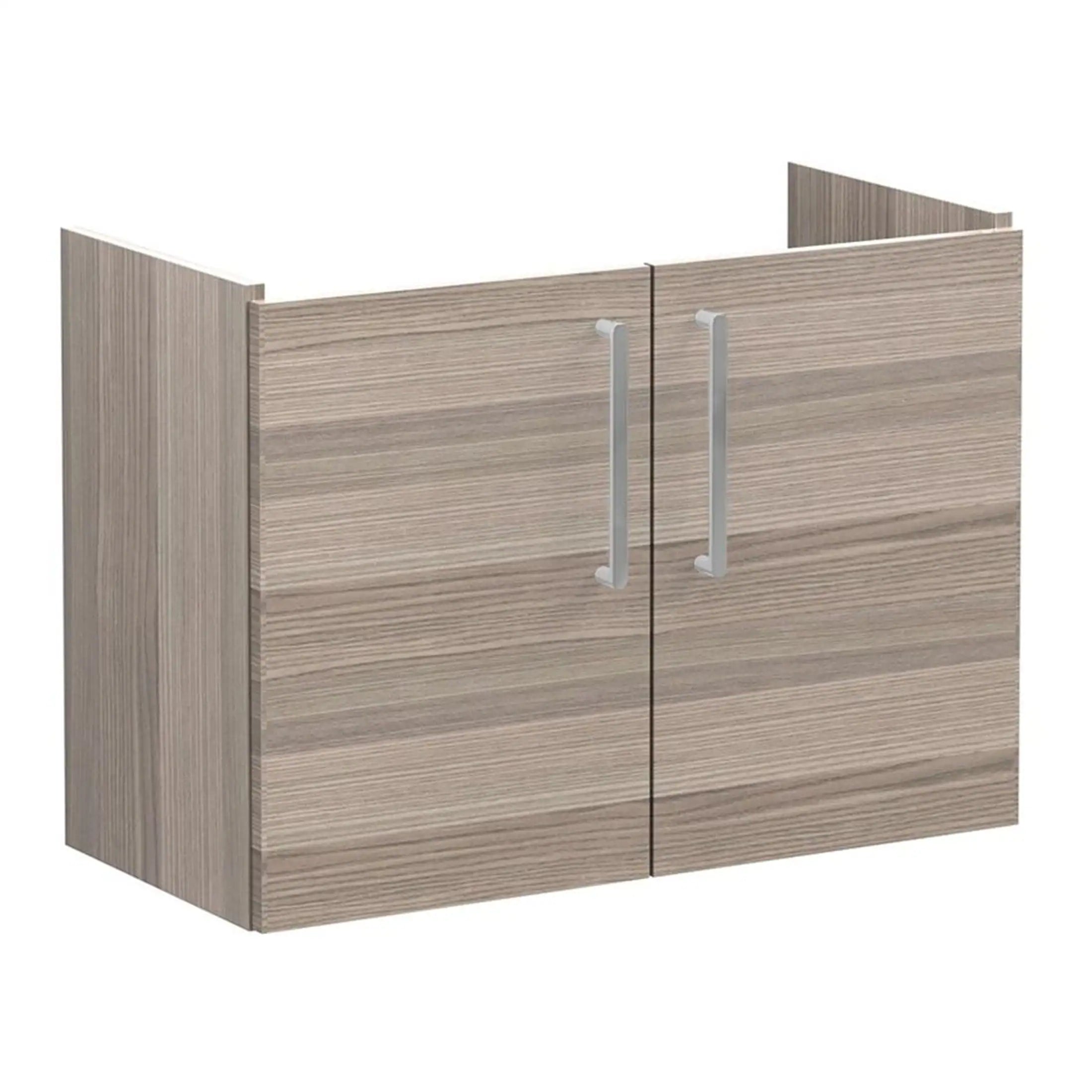 Sleek wooden bathroom cabinet with modern silver handles, ideal for bathroom storage and organisation. Perfect for creating a stylish and functional bathroom space.