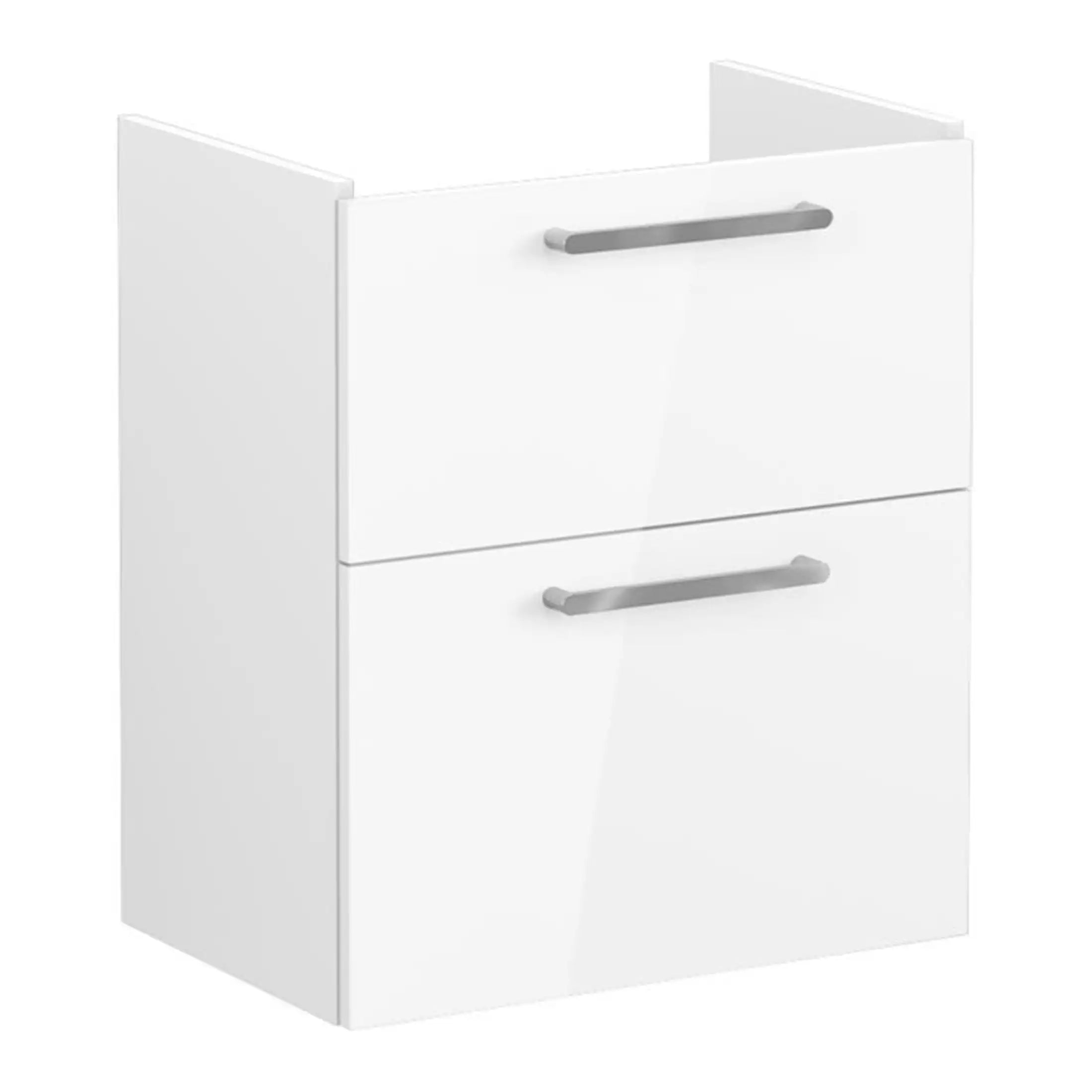 Sleek white bathroom vanity cabinet with two drawers and modern grey handles, ideal for compact bathroom storage solutions.