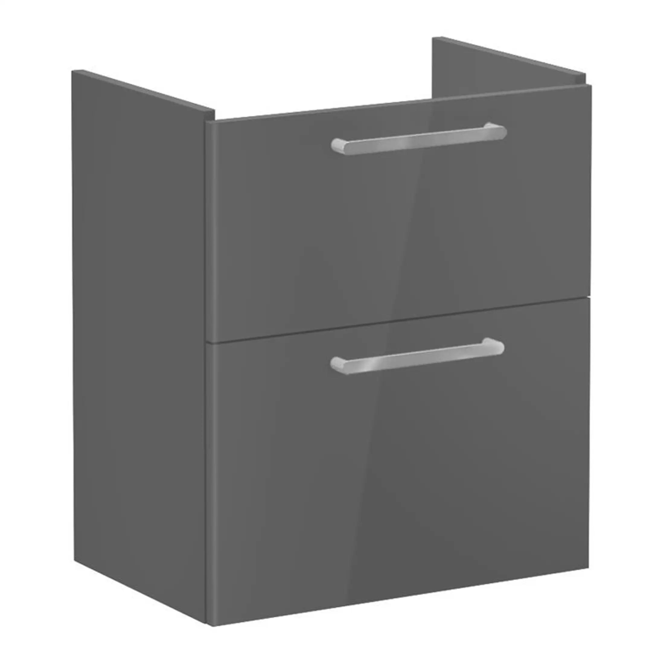 Modern grey bathroom vanity cabinet with two drawers and sleek silver handles, ideal for contemporary bathroom storage solutions.