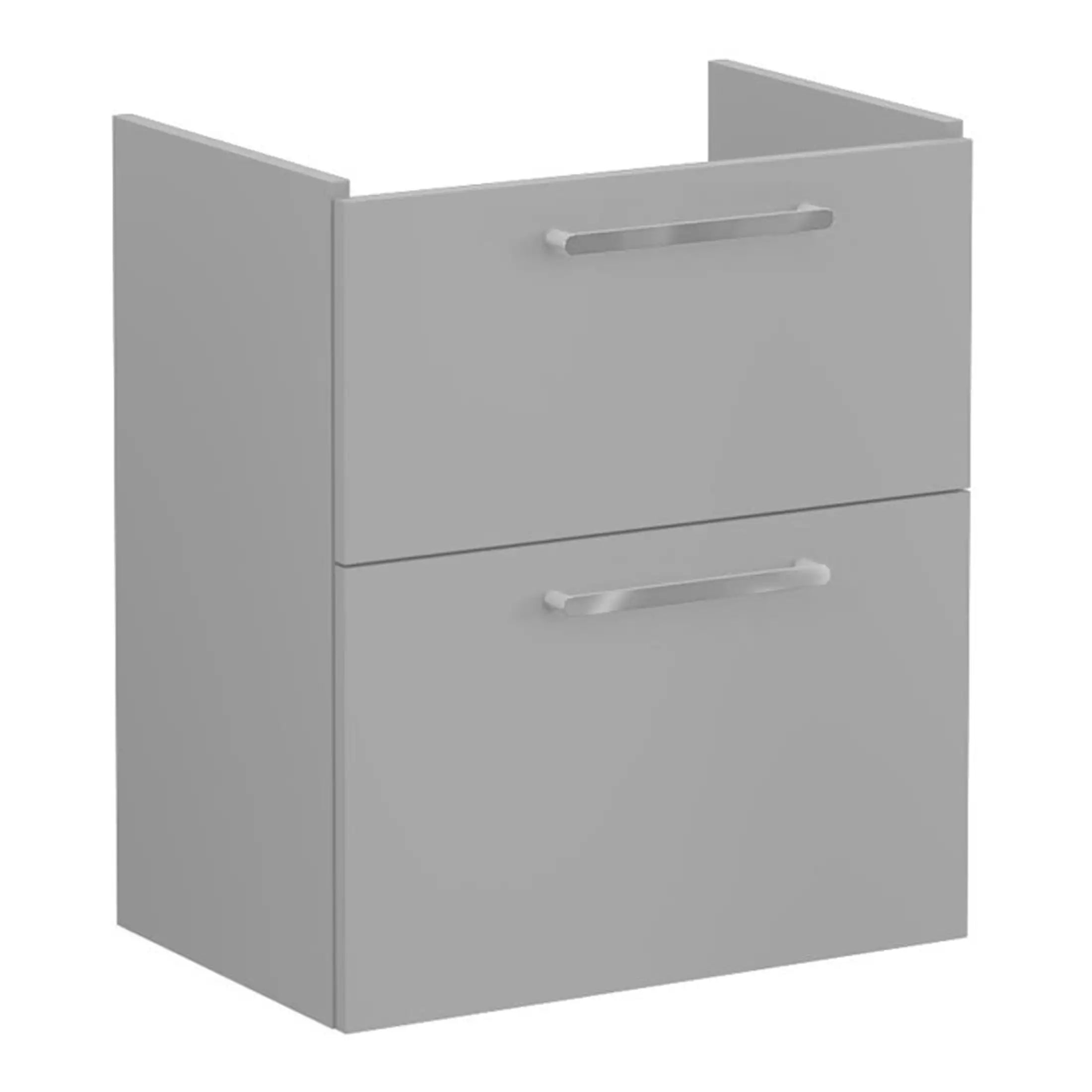 High-quality grey bathroom vanity unit with modern handles, ideal for contemporary bathroom storage and organisation. Perfect for increased space and sleek design.