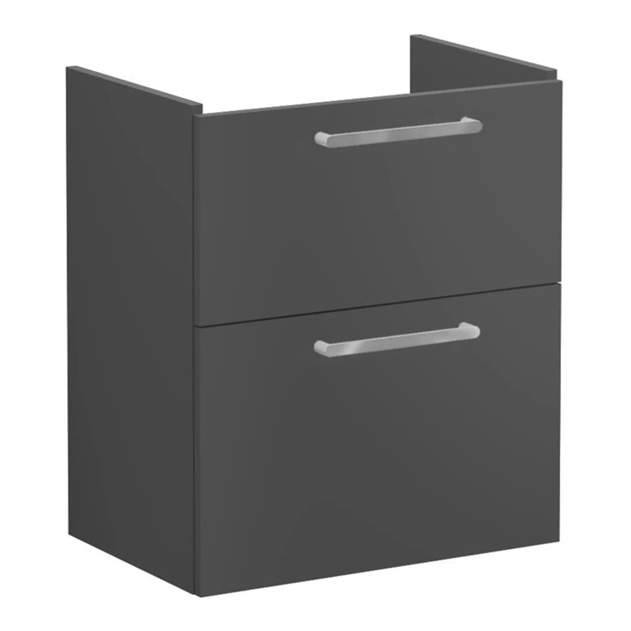 Sleek dark grey bathroom cabinet with silver handles for modern bathroom storage solutions. Durable, stylish, and functional for organising essentials. Perfect addition to contemporary bathrooms.