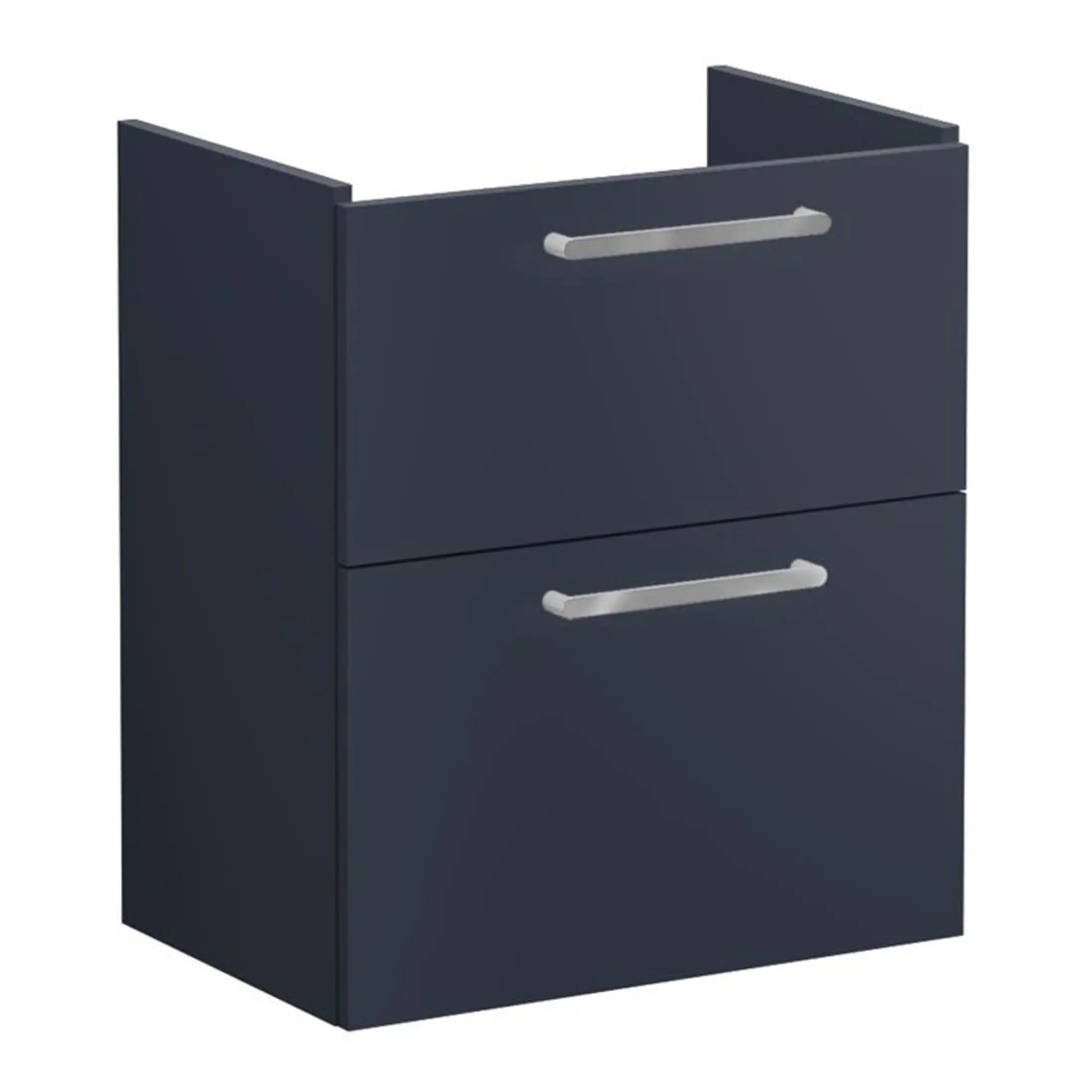 Modern navy blue bathroom vanity cabinet with sleek silver handles, ideal for contemporary bathroom storage solutions.