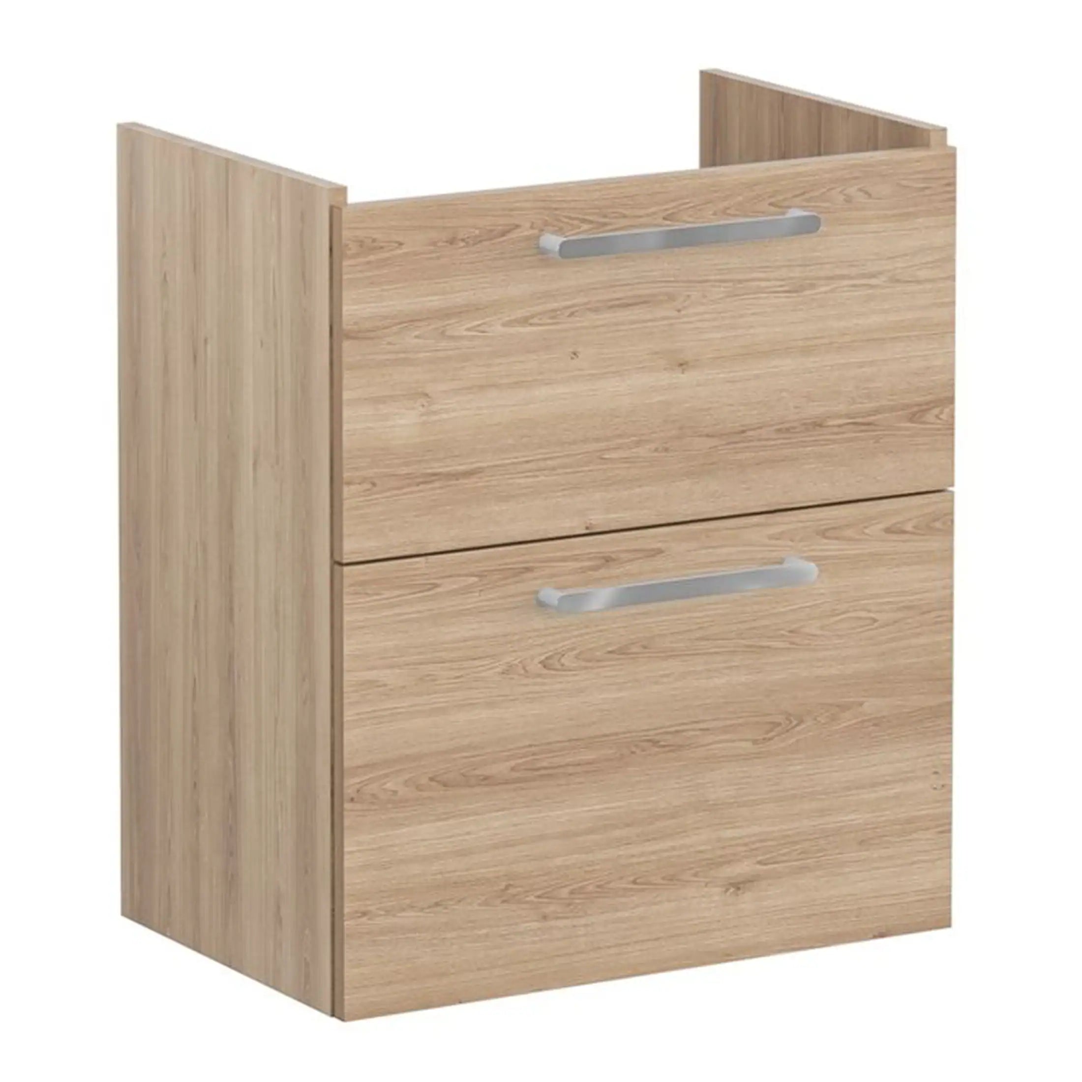 Natural oak bathroom storage cabinet with silver handles, ideal for organising bathroom essentials. Modern design complements contemporary bathroom decor. Durable, stylish, and space-efficient.