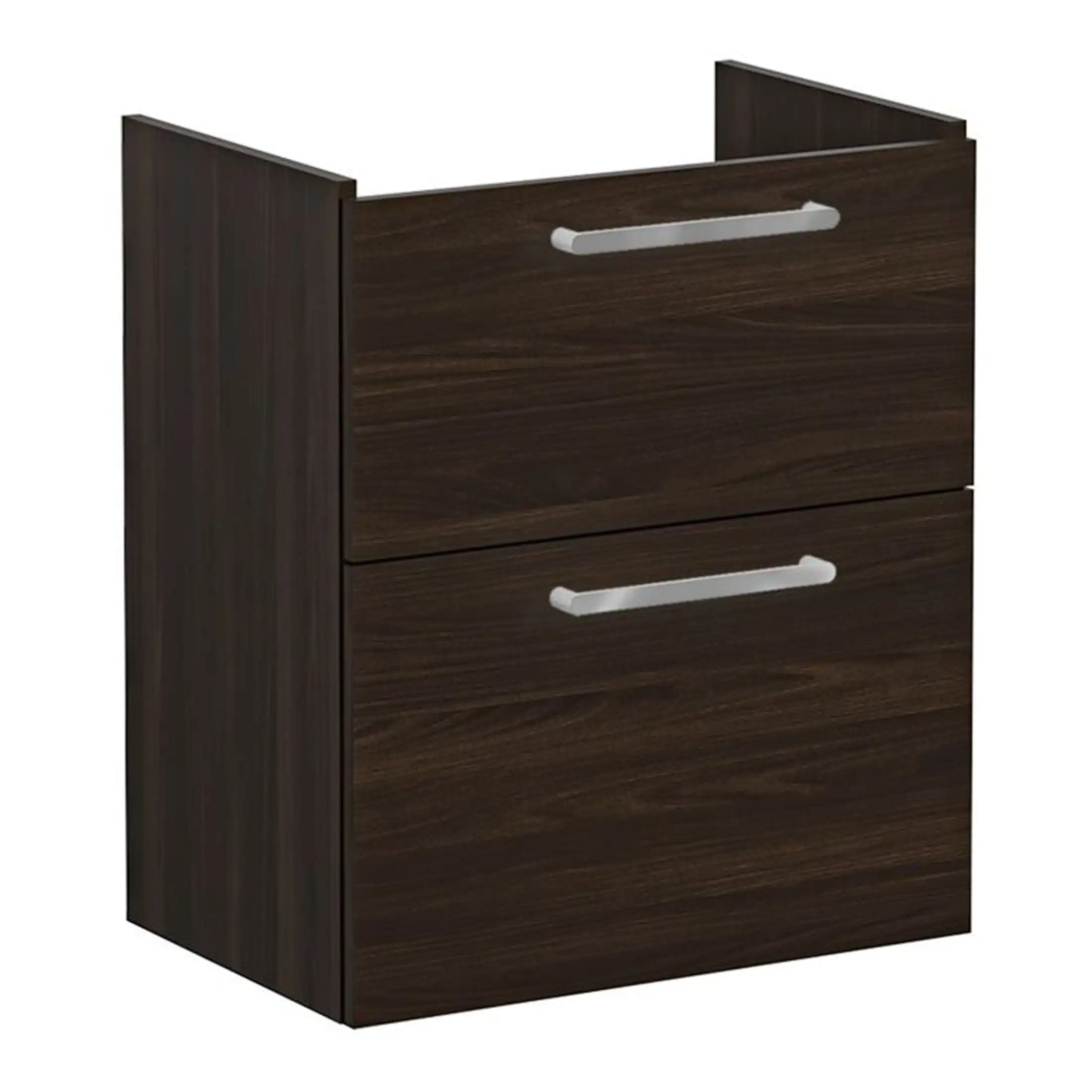 Sleek dark wood bathroom cabinet with two drawers and silver handles, ideal for modern bathroom storage solutions.