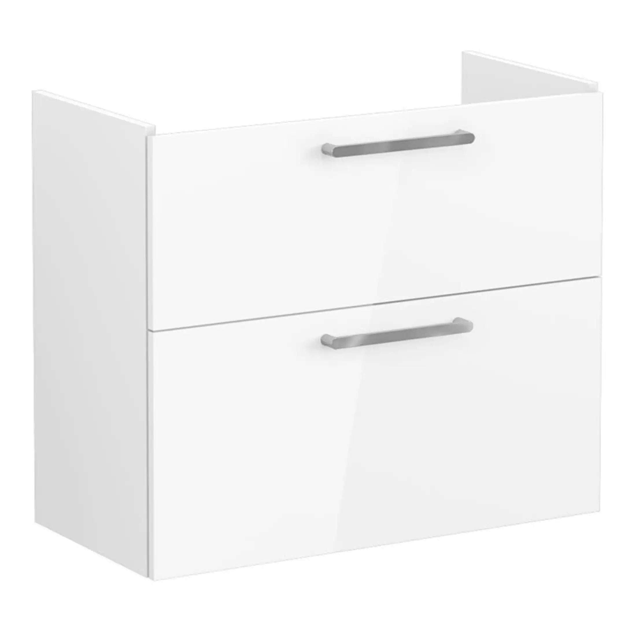 White modern bathroom vanity unit with two drawers and sleek silver handles, ideal for contemporary bathroom storage and organisation.