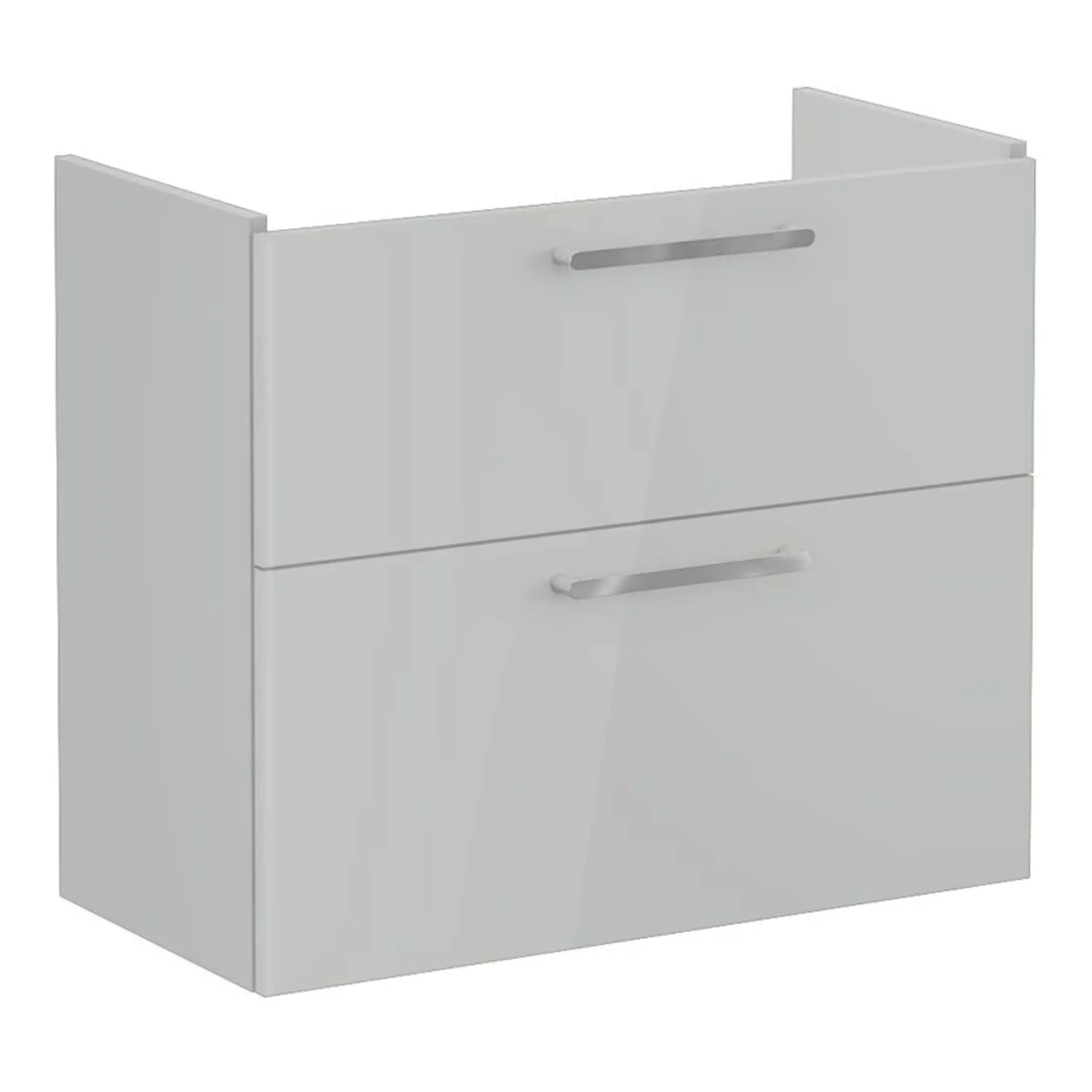Sleek white bathroom vanity with dual drawers and modern handles, perfect for contemporary bathroom storage solutions. Designed for durability and style, suitable for a variety of bathroom décors.