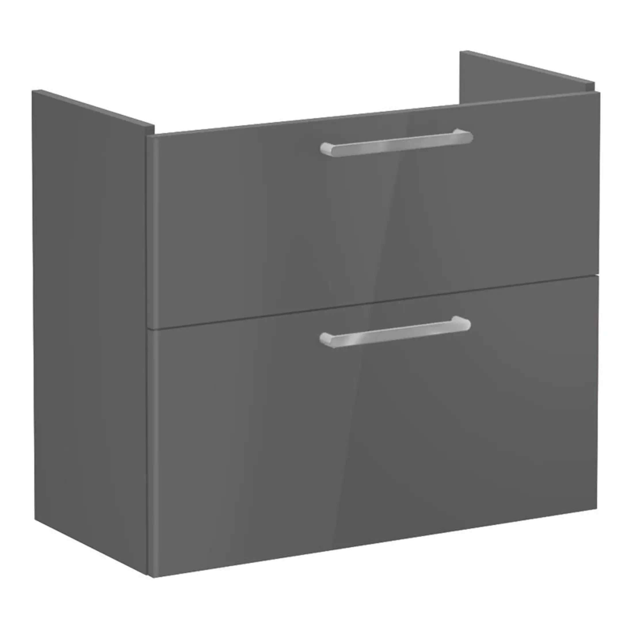 Contemporary grey bathroom vanity with dual drawers and sleek silver handles, ideal for modern bathroom storage solutions and bathroom furniture design.