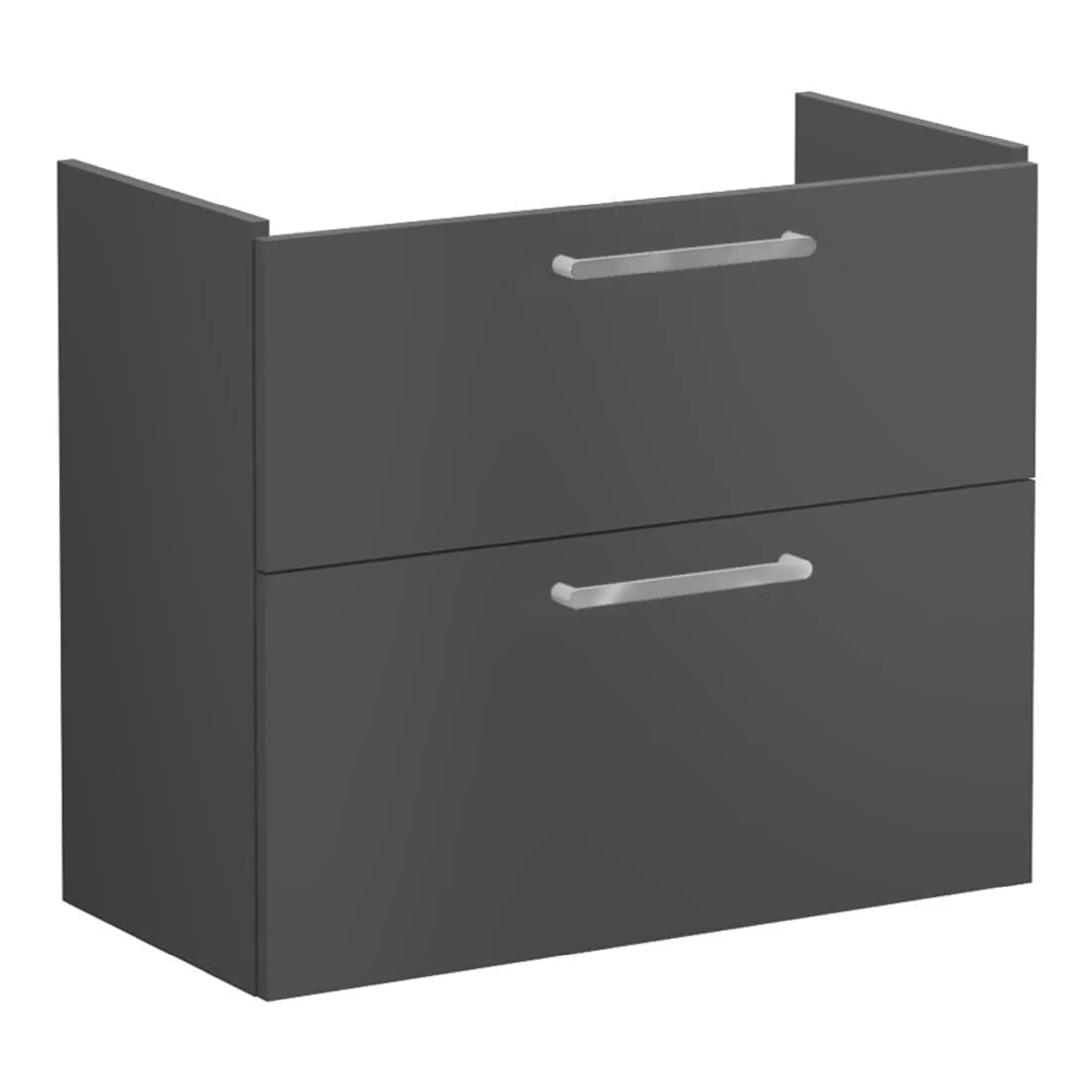 Sleek dark grey bathroom vanity cabinet with two spacious drawers and modern handles, perfect for contemporary bathroom storage solutions.