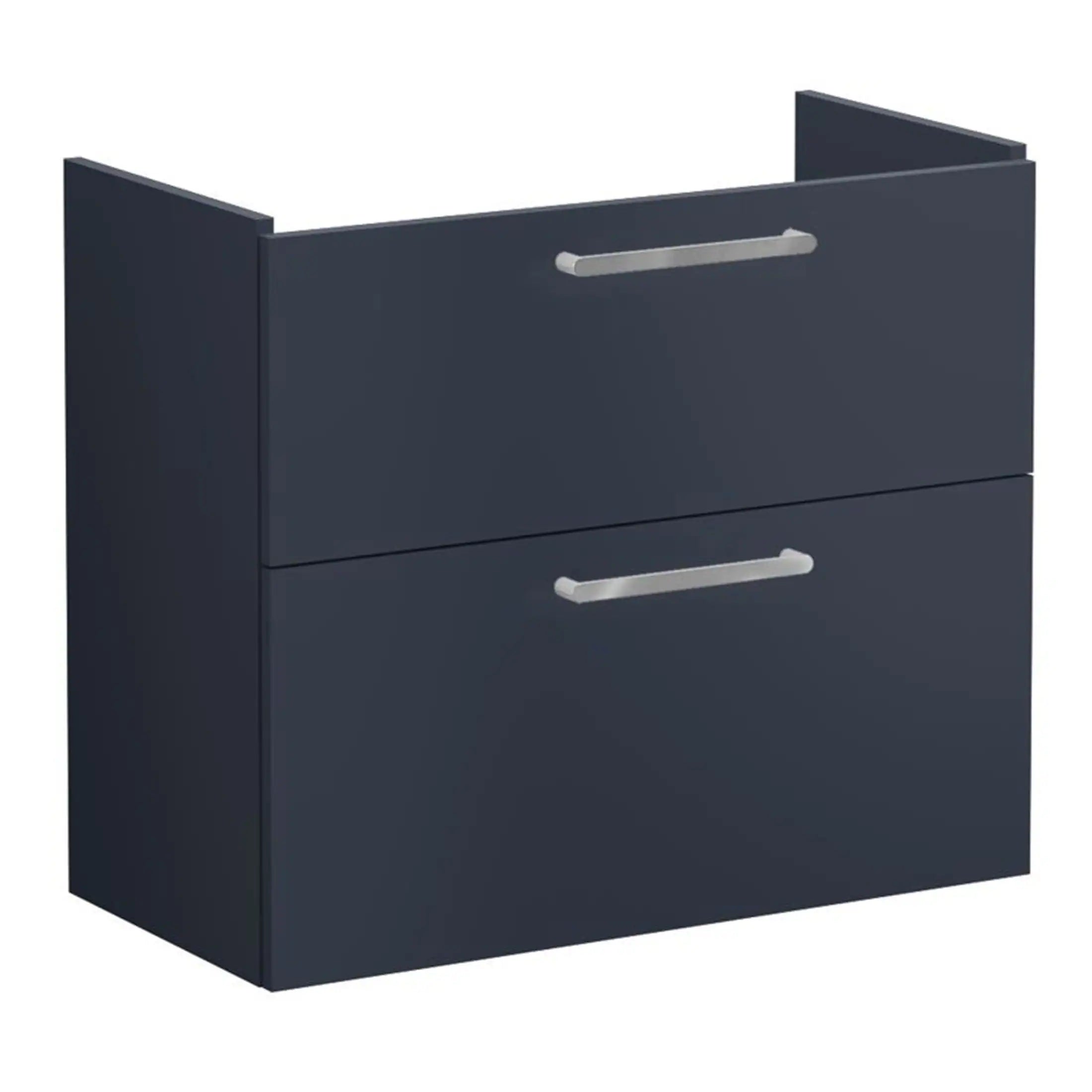 Stylish navy blue bathroom vanity with dual drawers and modern chrome handles, ideal for bathroom storage and decor. Perfect for contemporary bathroom designs.