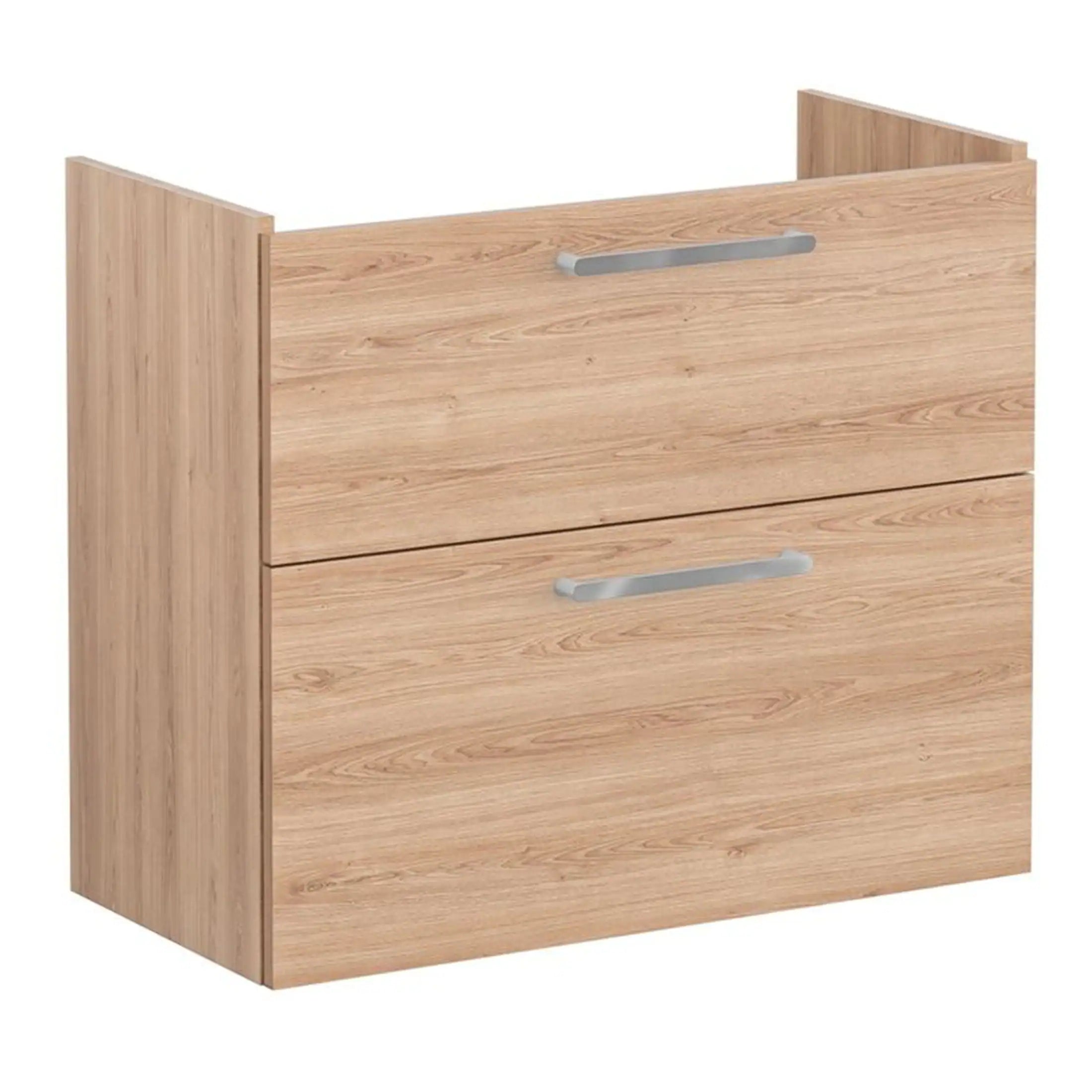 Natural wood bathroom vanity cabinet with silver handles, designed for modern bathrooms, providing ample storage space and stylish decor. Perfect for contemporary bathroom upgrades.