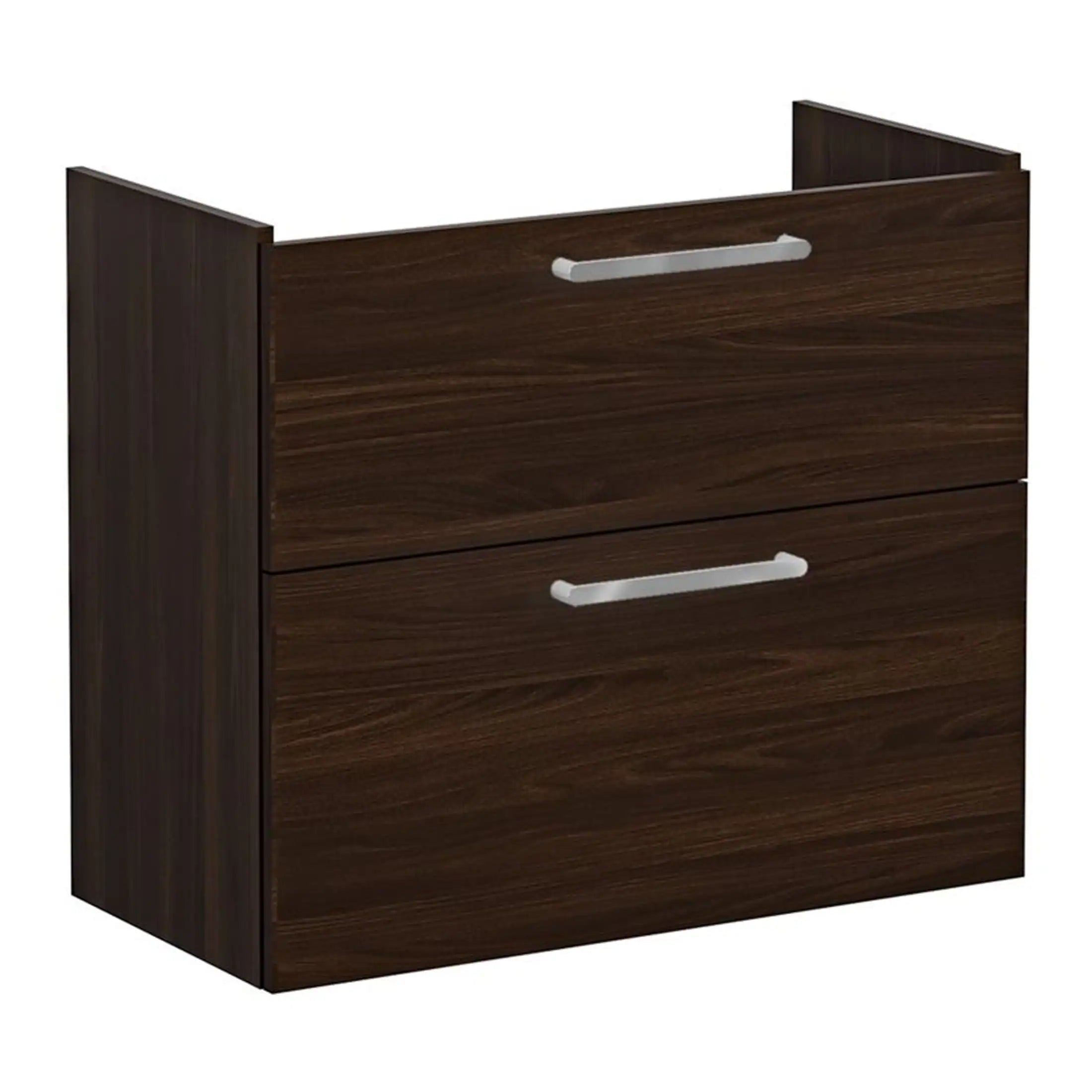 Sofa storage cabinet with dark wood finish and sleek silver handles, ideal for modern bathroom organisation and space-saving solutions. Perfect for stylish bathroom storage.