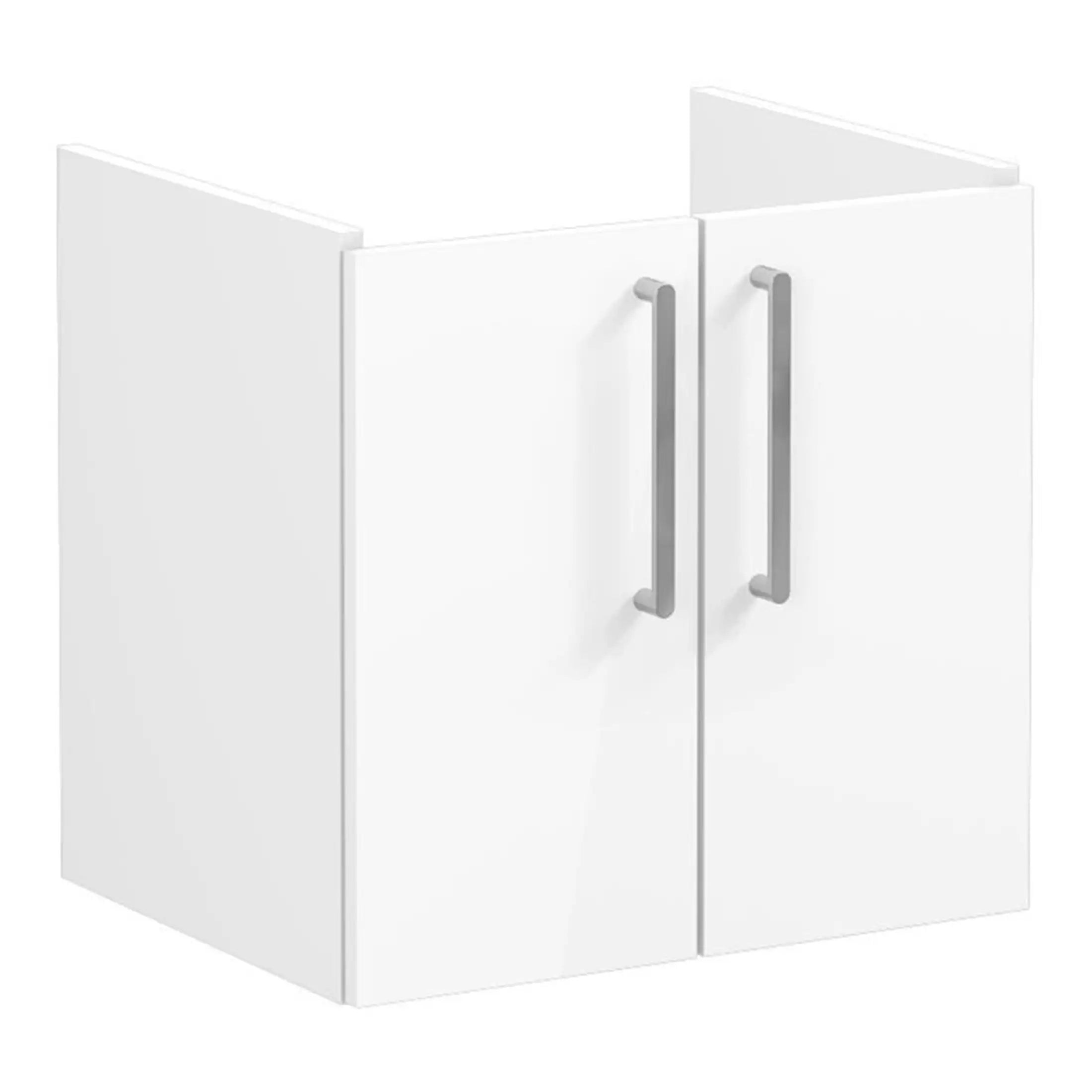 White modern bathroom cupboard with stainless steel handles for storage and organisation in contemporary bathroom designs.