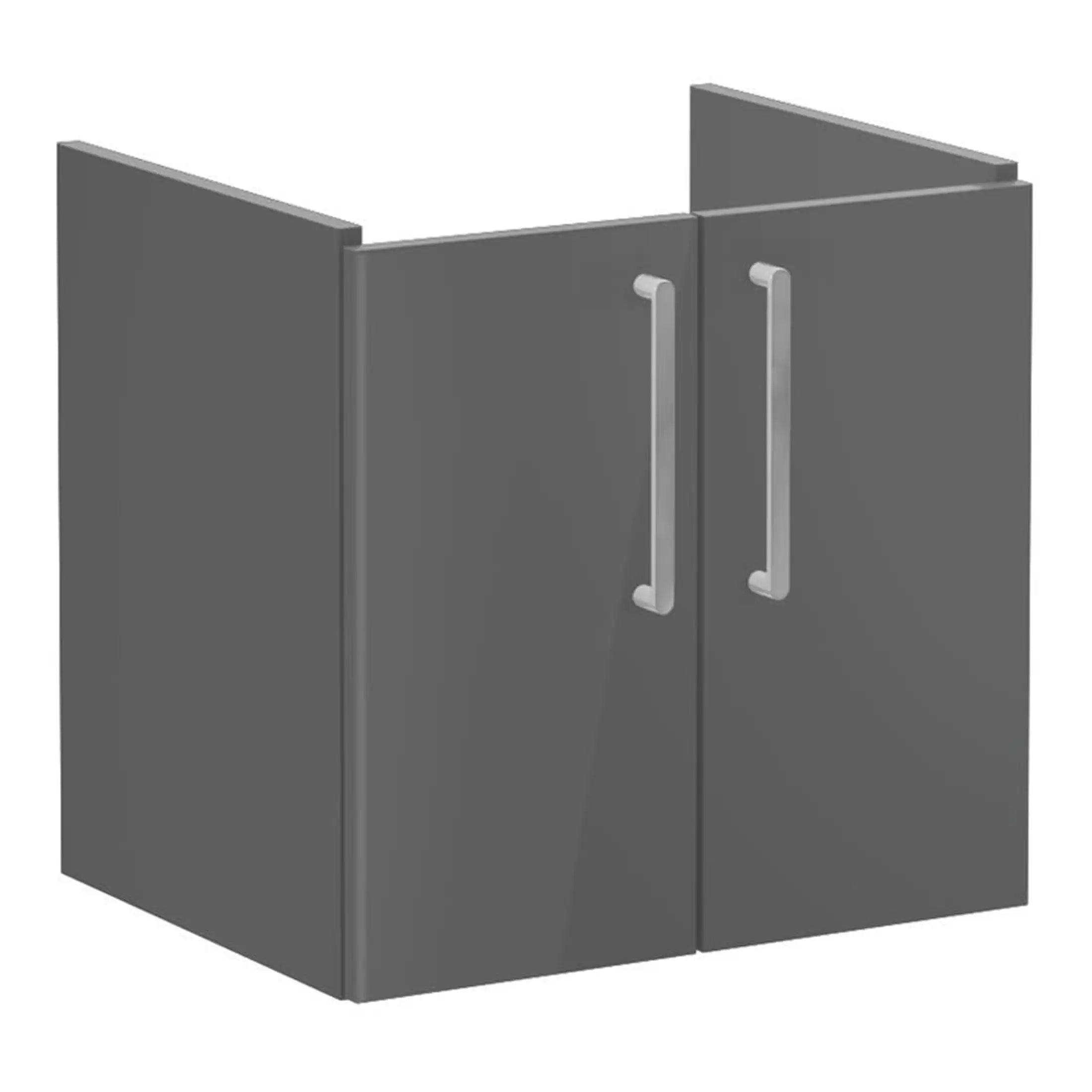 Modern grey bathroom cabinet with silver handles for stylish bathroom storage solutions.