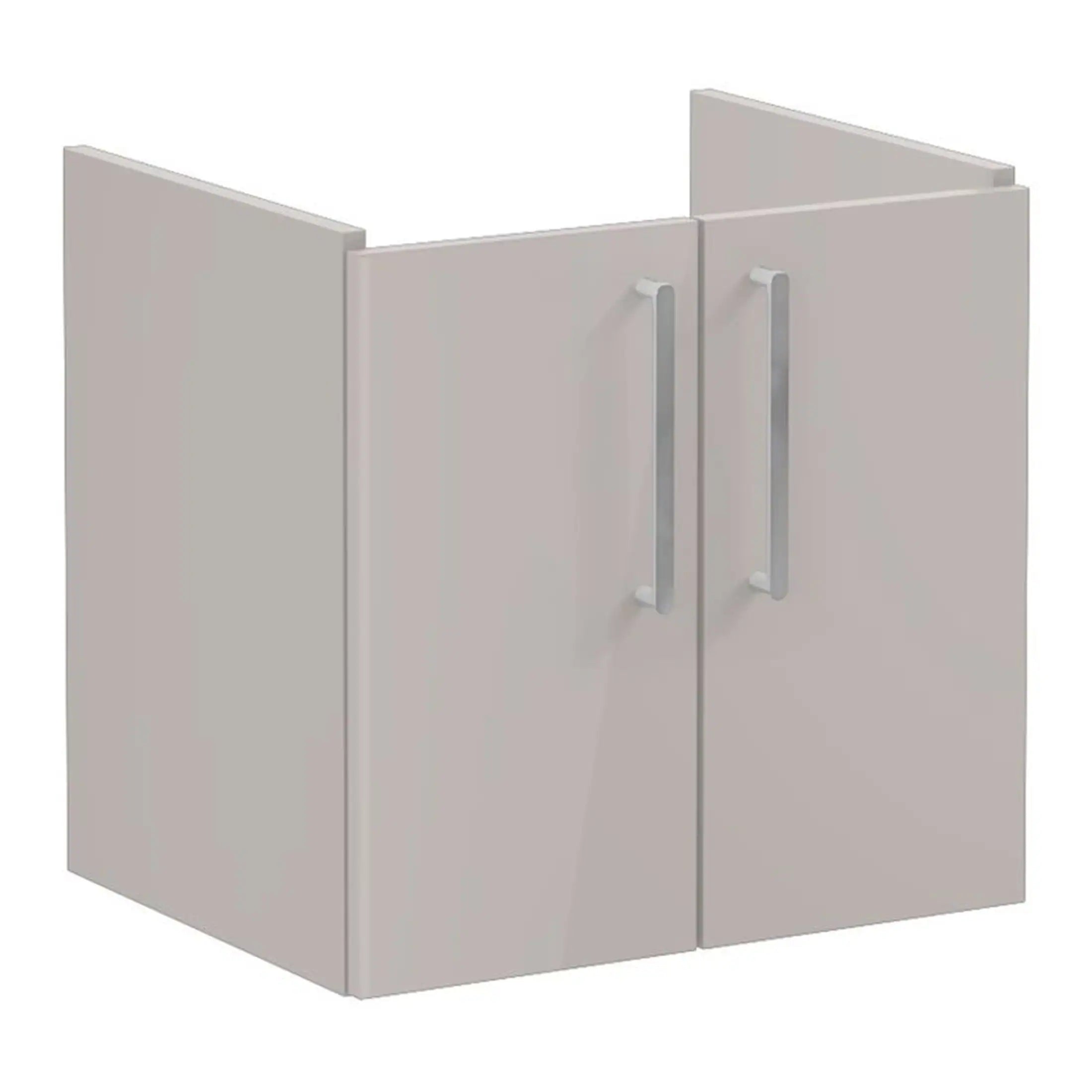 Modern white bathroom cabinet with sleek silver handles, ideal for stylish bathroom storage solutions. Perfect for enhancing the look of contemporary bathrooms with functional and elegant design.