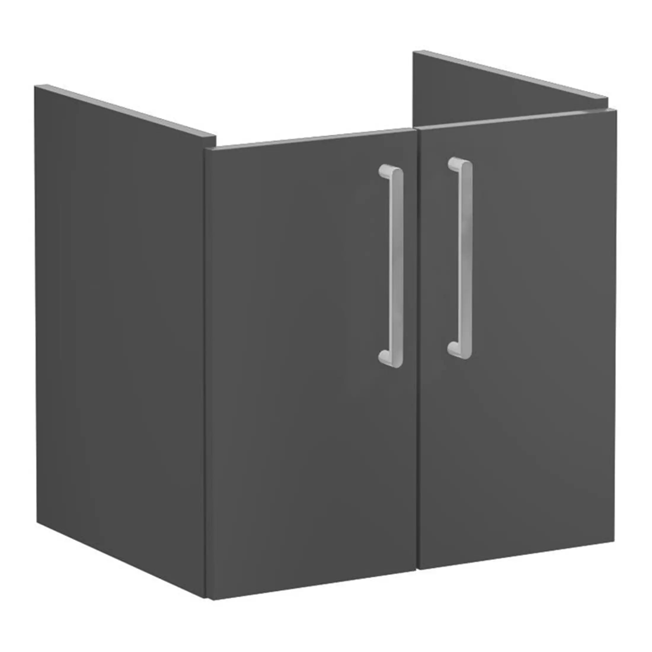 Modern grey bathroom cabinet with sturdy silver handles, designed for stylish and practical bathroom storage solutions. Perfect for organising toiletries and essentials seamlessly.
