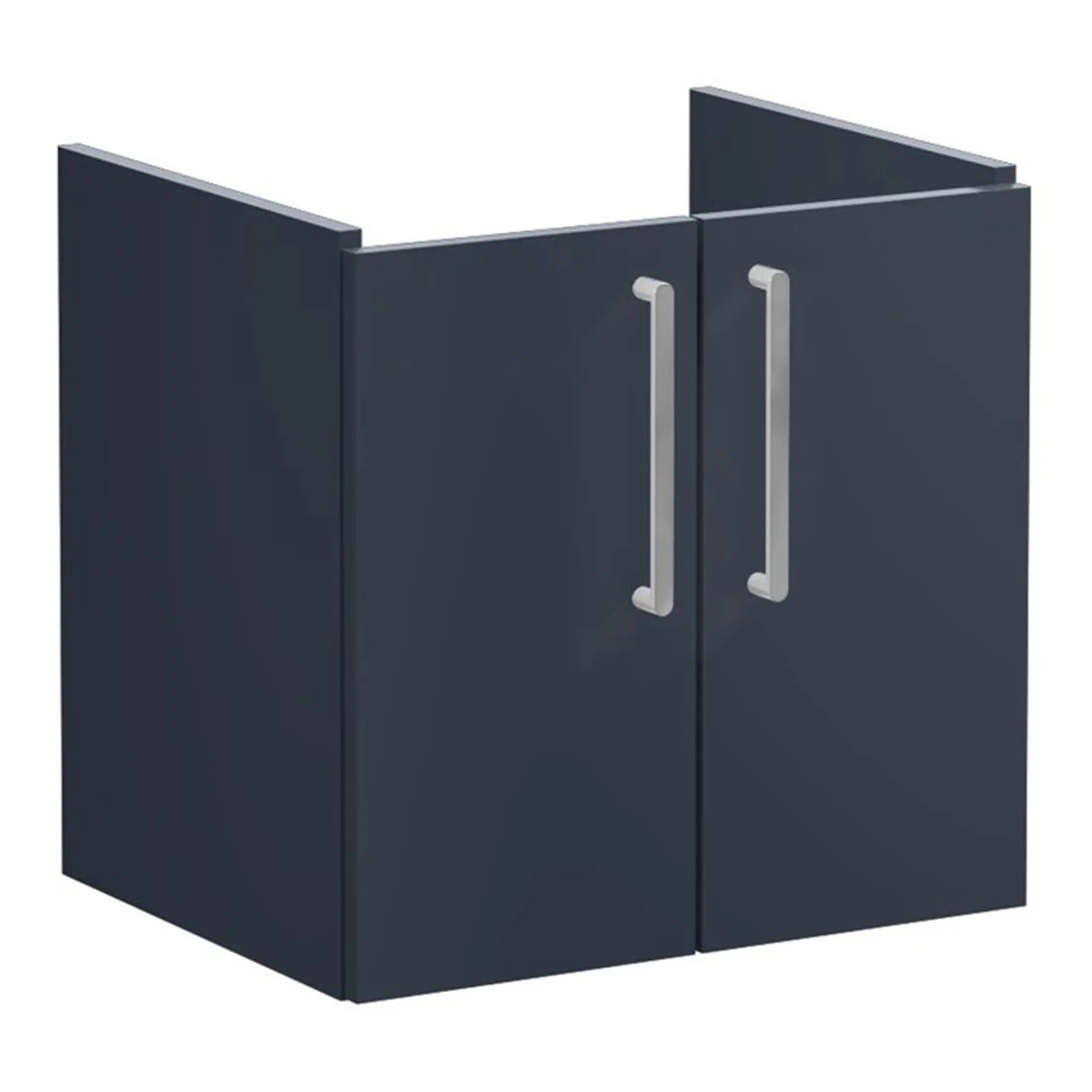 Modern navy blue bathroom cabinet with double doors and sleek silver handles, ideal for bathroom storage solutions and enhancing bathroom aesthetics.