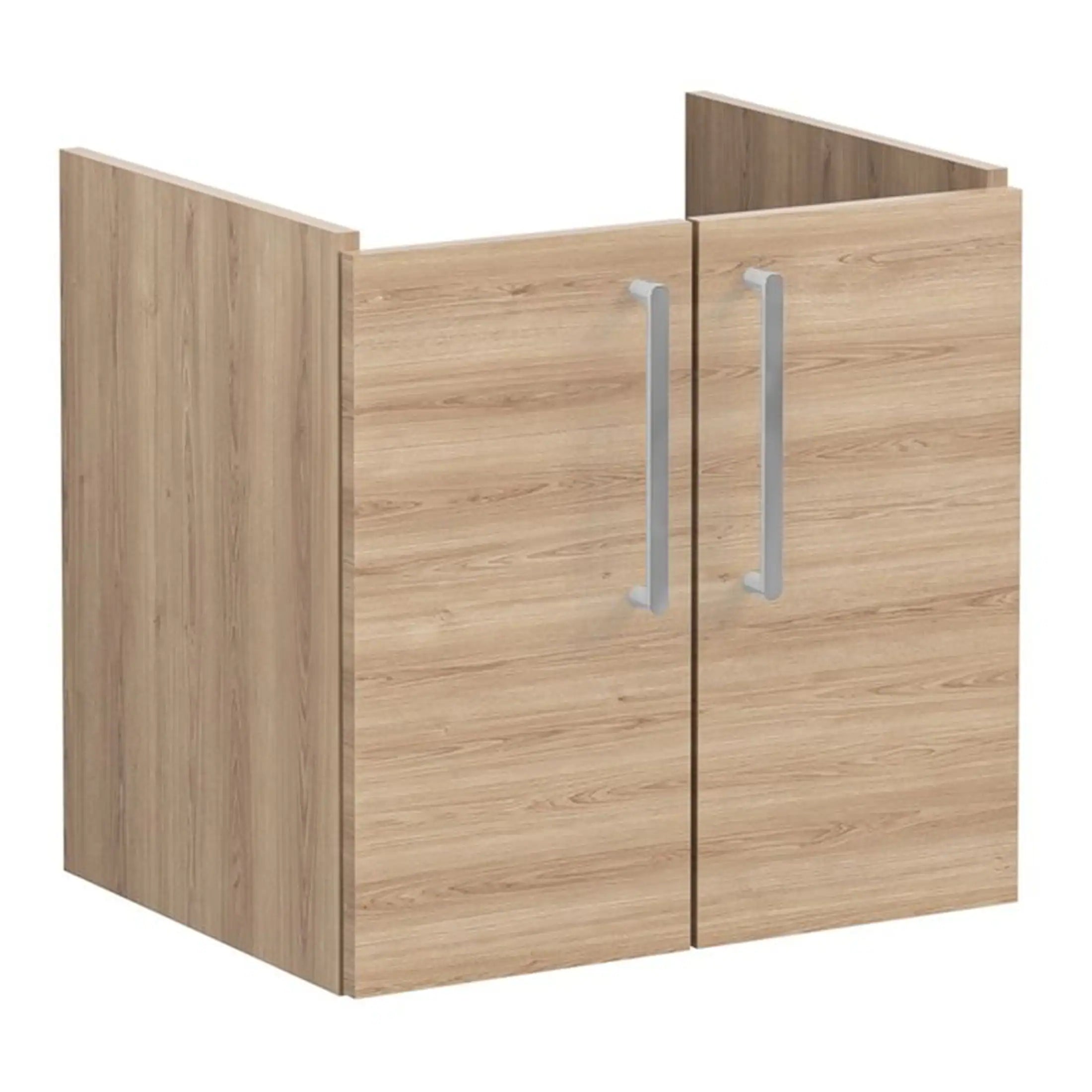 Stylish natural wood bathroom cabinet with double doors and silver handles, ideal for modern bathroom storage, from Bubly Bathrooms UK. Perfect for organising toiletries and essentials.