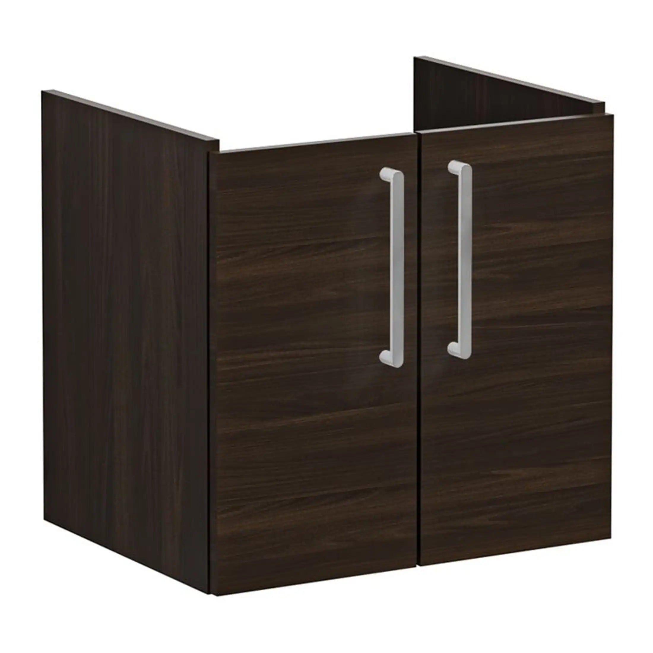 Sustainable dark wood bathroom cabinet with sleek silver handles, ideal for modern bathrooms, providing storage and style. Perfect for enhancing bathroom organisation.