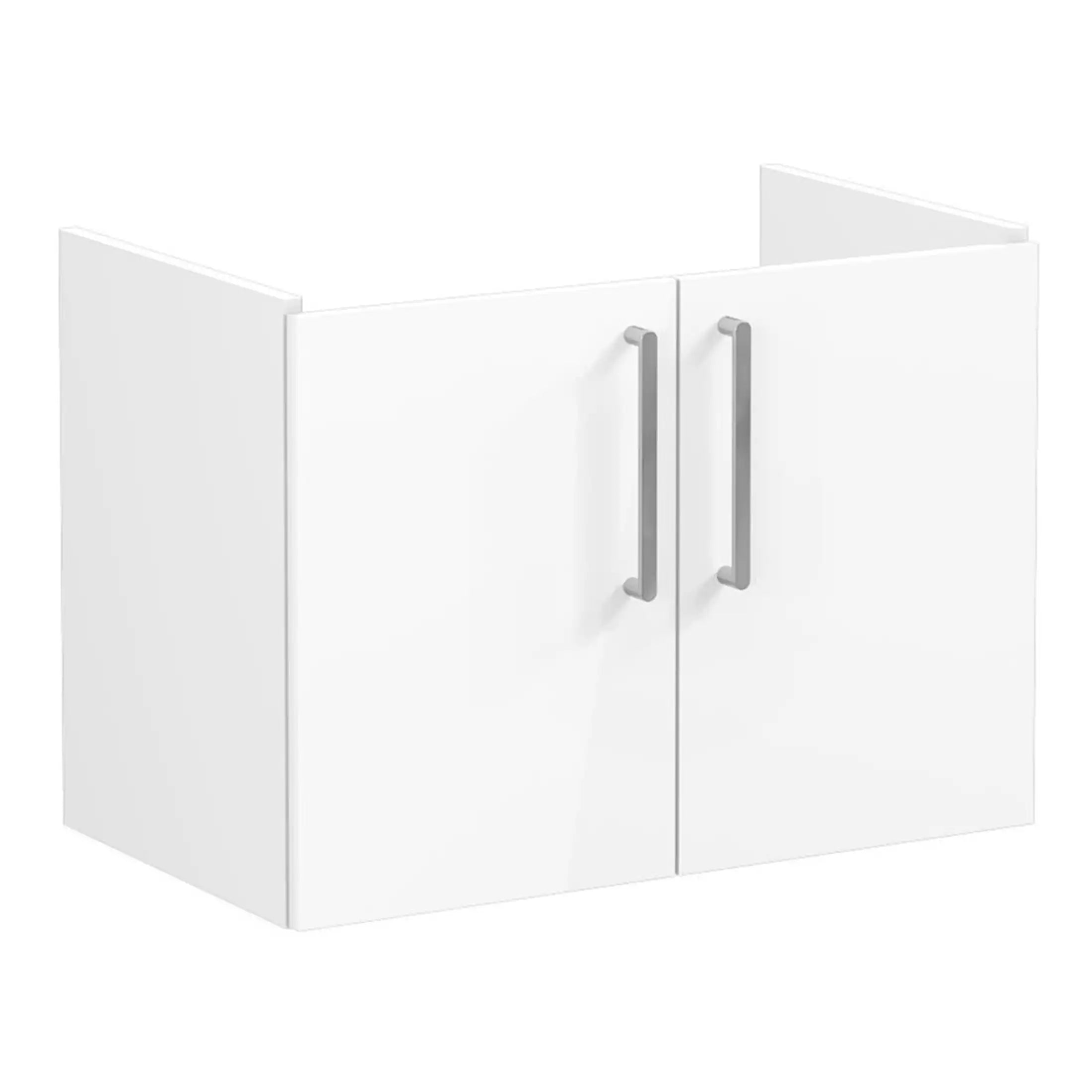 White bathroom wall cabinet with two silver handles, ideal for bathroom storage and organisation. Sleek and modern design, perfect for accessories and toiletries in a contemporary bathroom.