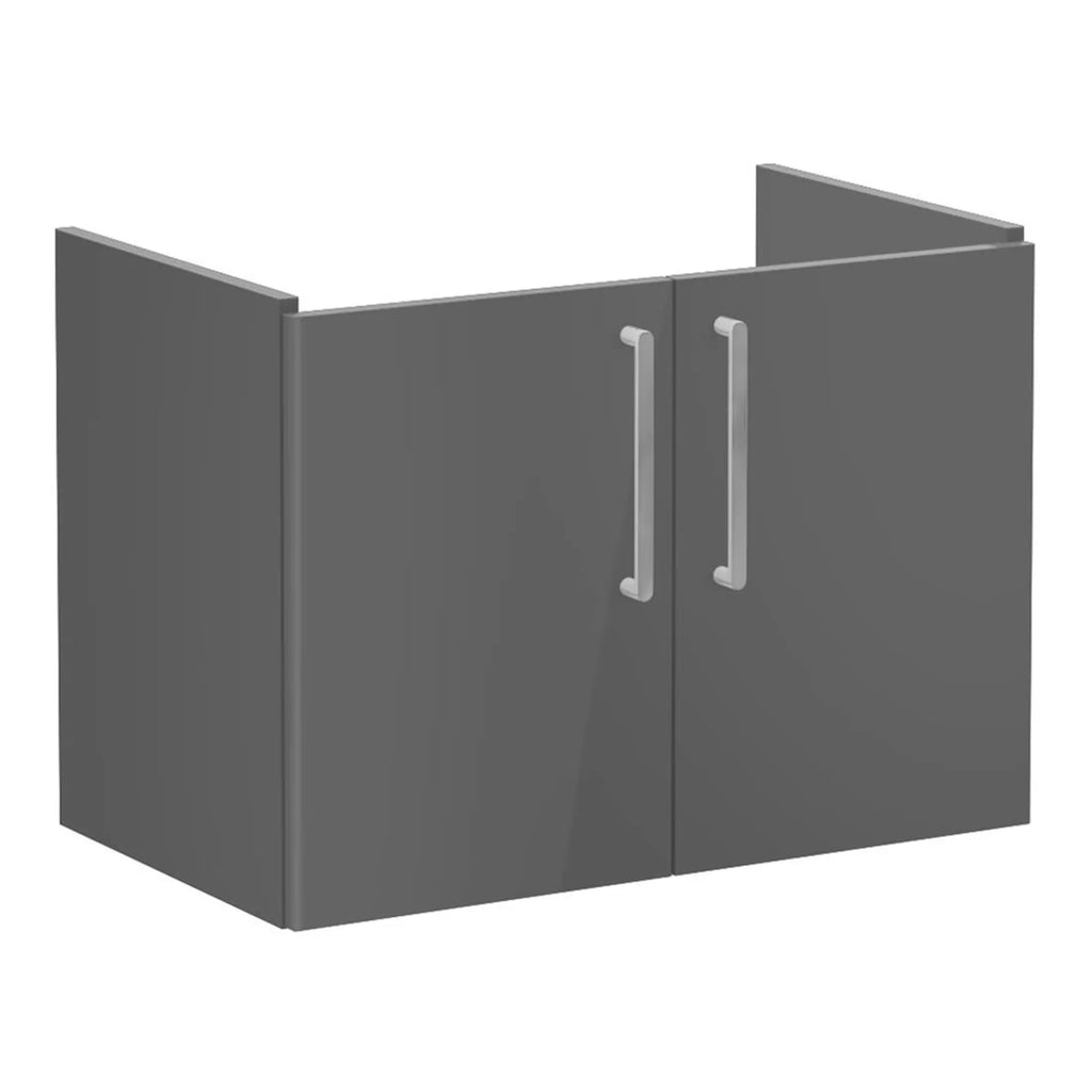 Heavy-duty grey bathroom cabinet with silver handles, perfect for bathroom storage solutions. Durable and modern design suitable for contemporary bathroom interiors.