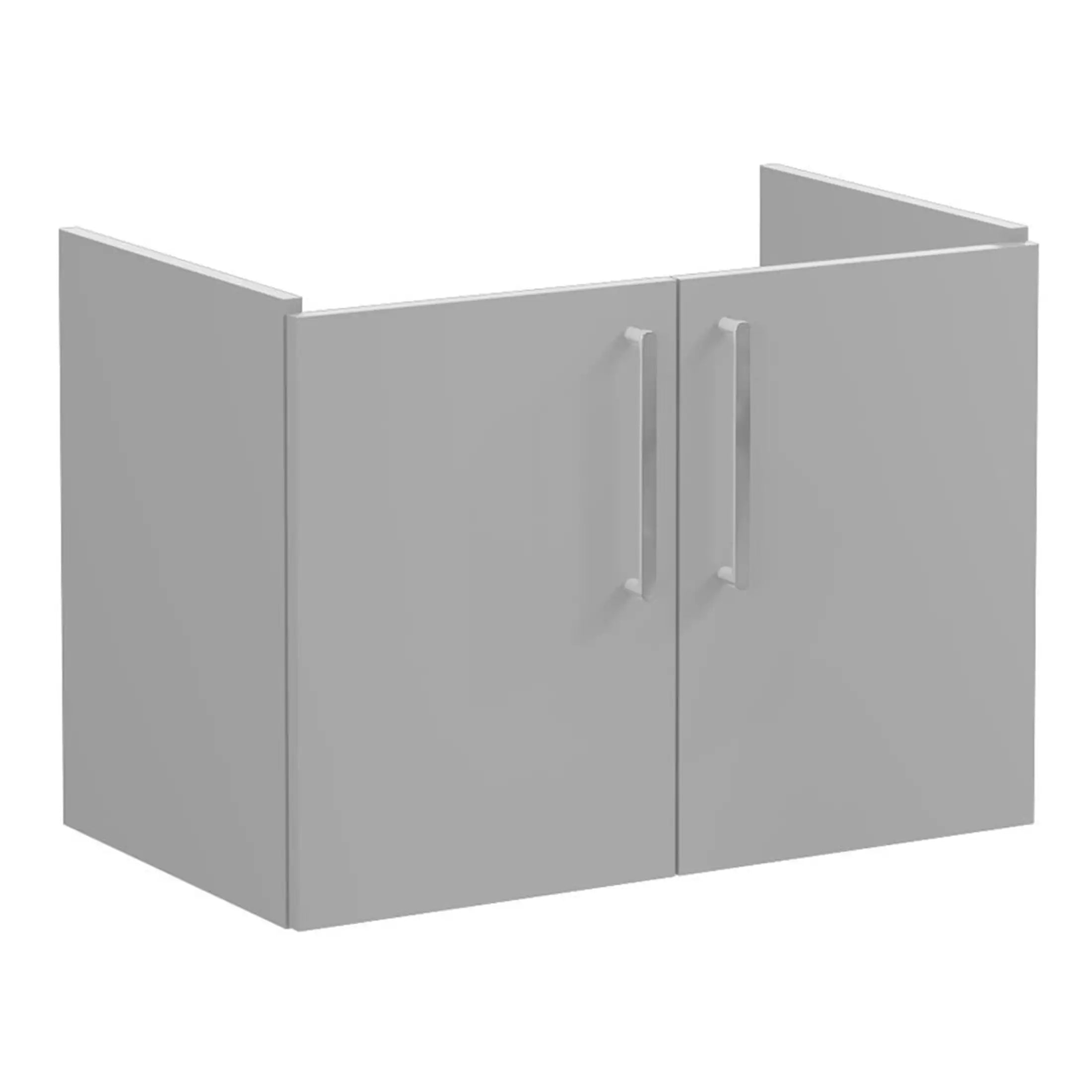 A grey bathroom vanity base with two doors and sleek vertical handles, ideal for modern bathroom storage solutions.