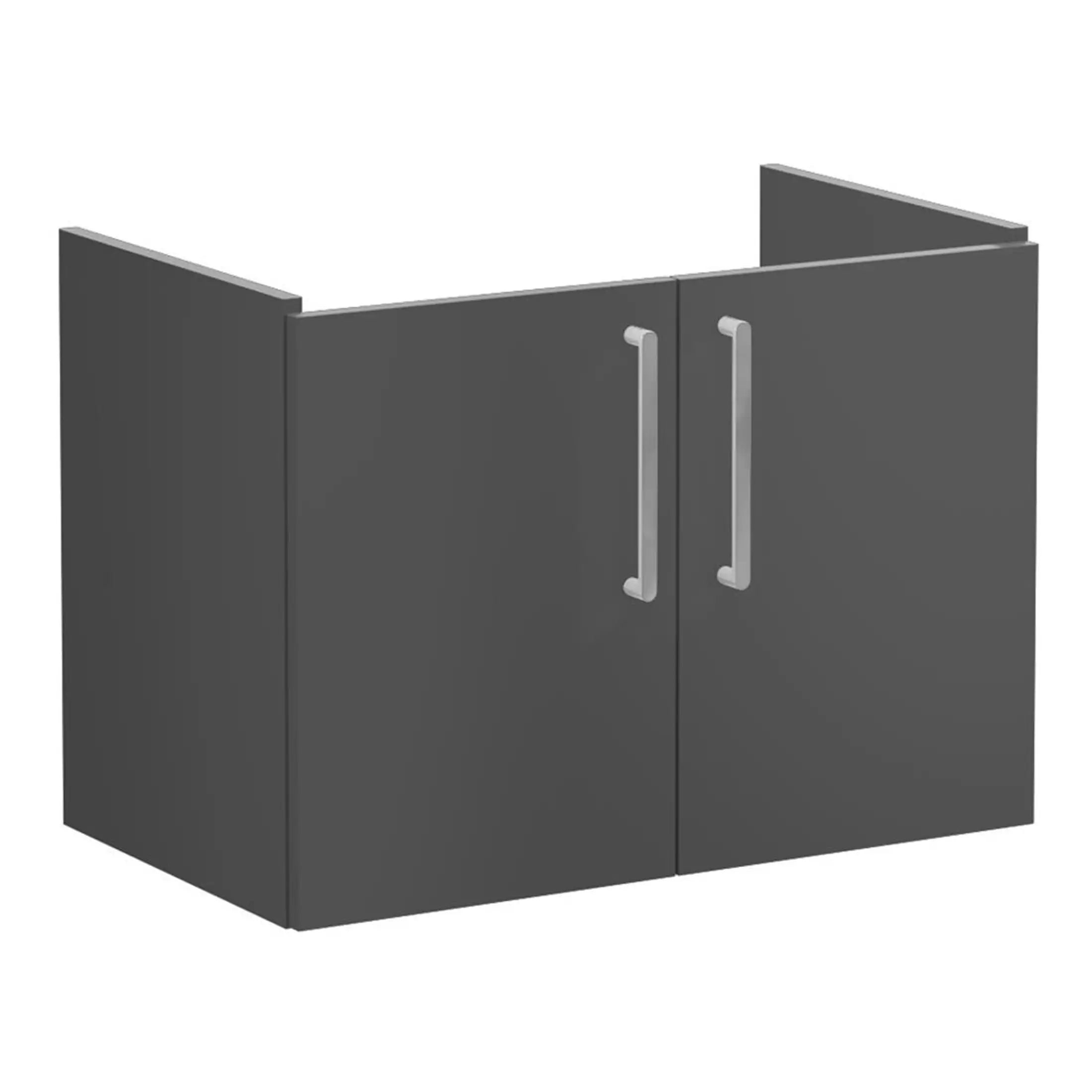 Powder-coated grey bathroom vanity cabinet with aluminium handles, ideal for modern bathroom storage solutions, durable and designed for easy access.