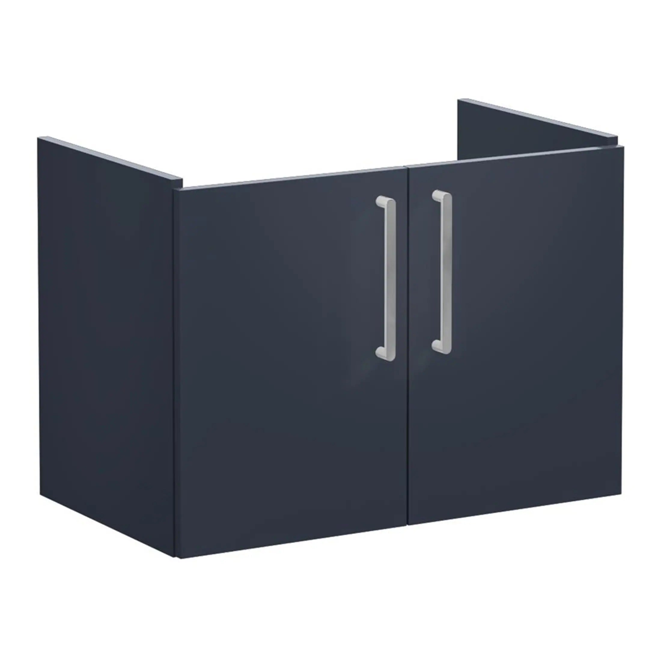 Modern navy blue bathroom vanity cabinet with sleek brushed silver handles, ideal for contemporary bathroom storage solutions.