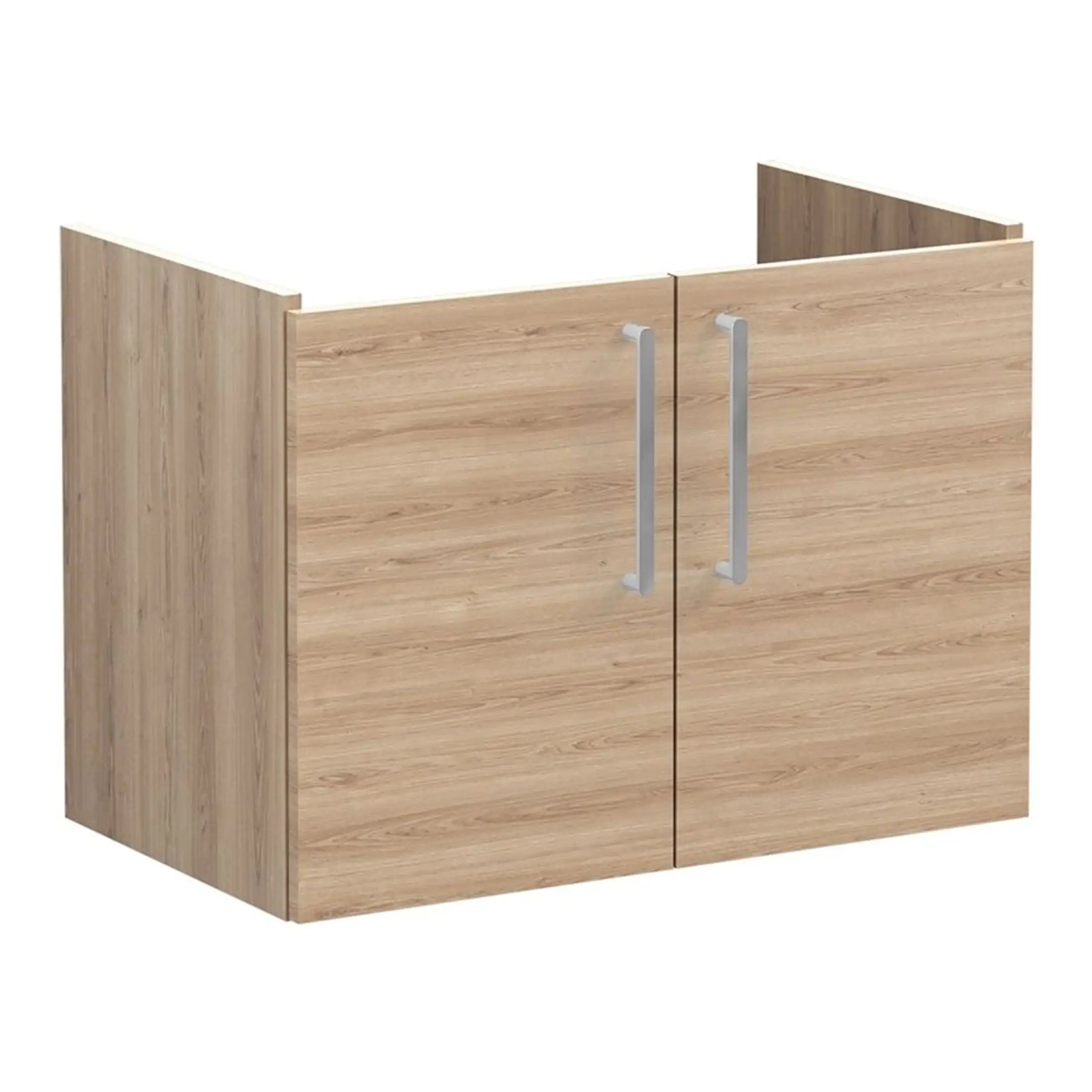Stylish wooden bathroom cabinet with silver handles, ideal for bathroom storage and organisation. Modern design complements contemporary bathroom décor for a functional space.