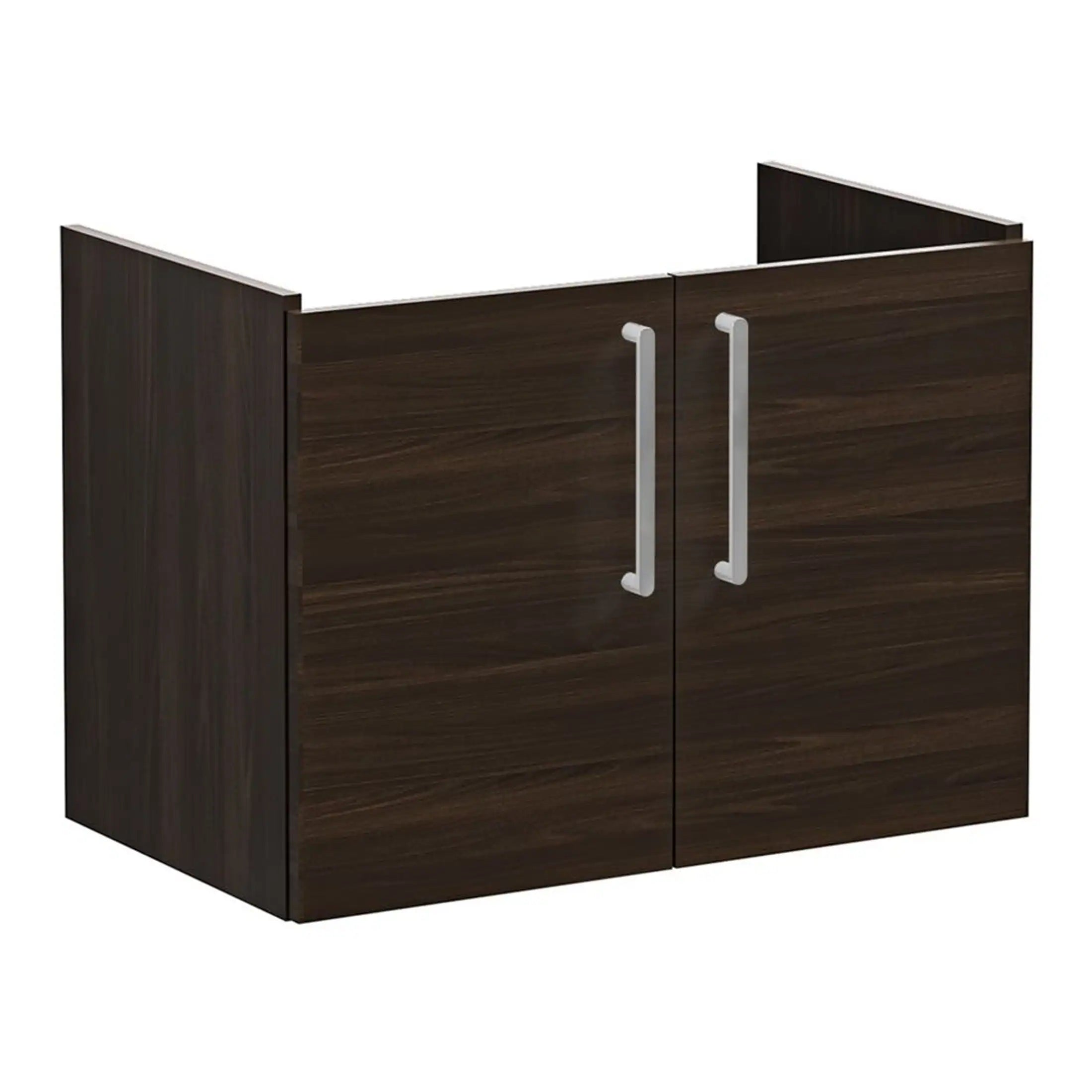 Contemporary dark wood bathroom storage cabinet with silver handles, ideal for modern bathroom organisation and space-saving design. Perfect for storing toiletries and bathroom essentials.