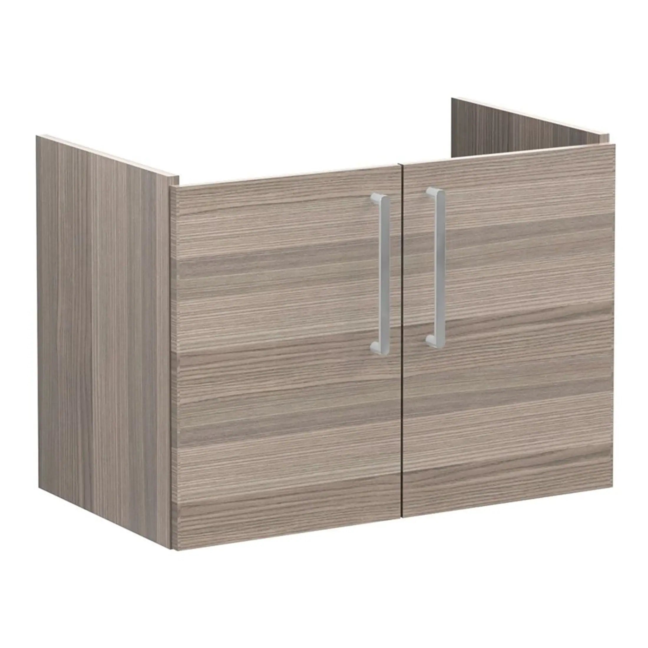 Elegant modern bathroom wall cabinet in woodgrain finish with silver handles, ideal for bathroom storage and organisation. Durable and stylish, perfect for contemporary bathroom décor.