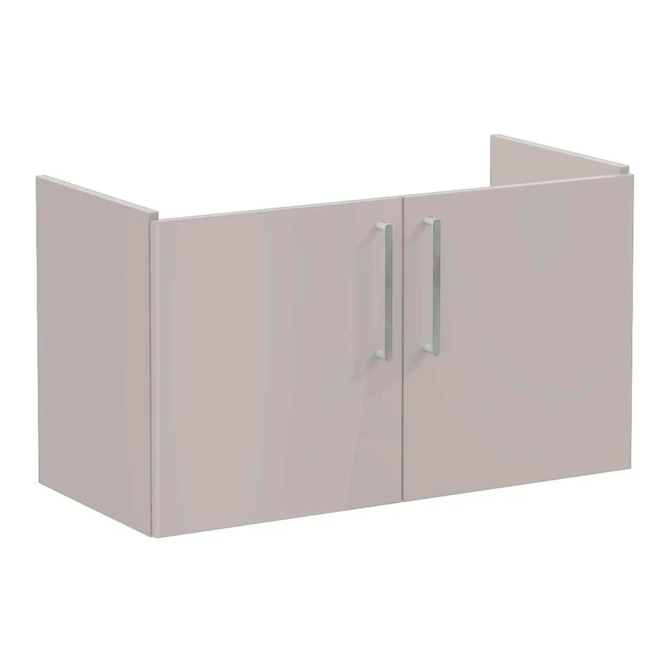 Minimalist white bathroom storage cabinet with double doors and sleek metal handles, ideal for modern bathroom organisations.