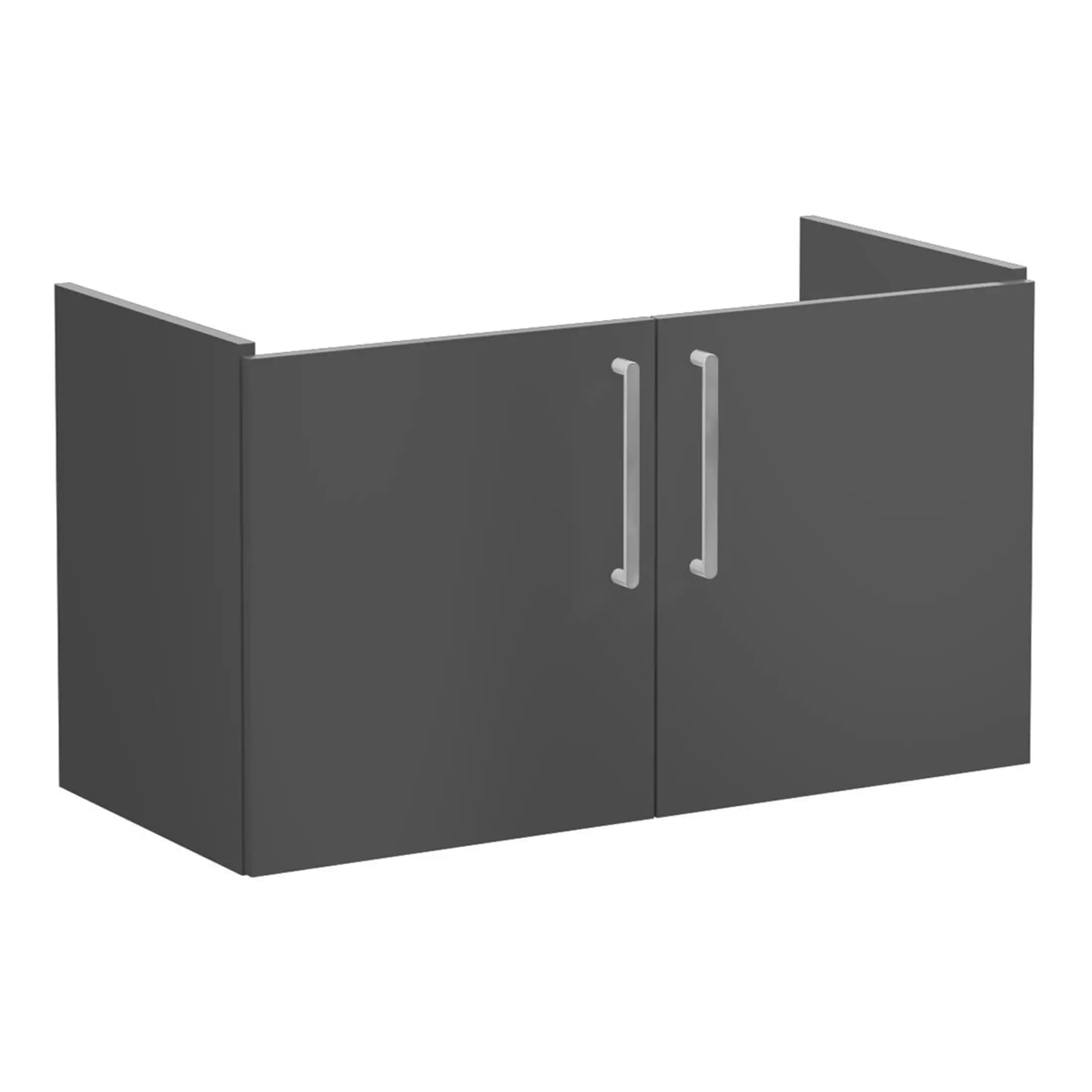 Modern grey bathroom cabinet with sleek silver handles for optimal storage and style.