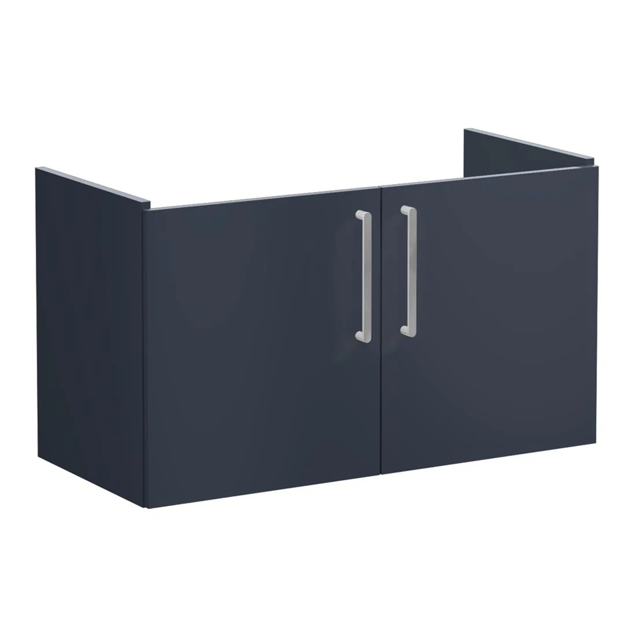 Contemporary blue bathroom storage cabinet with sleek silver handles, ideal for modern bathroom organisation and stylish decor.