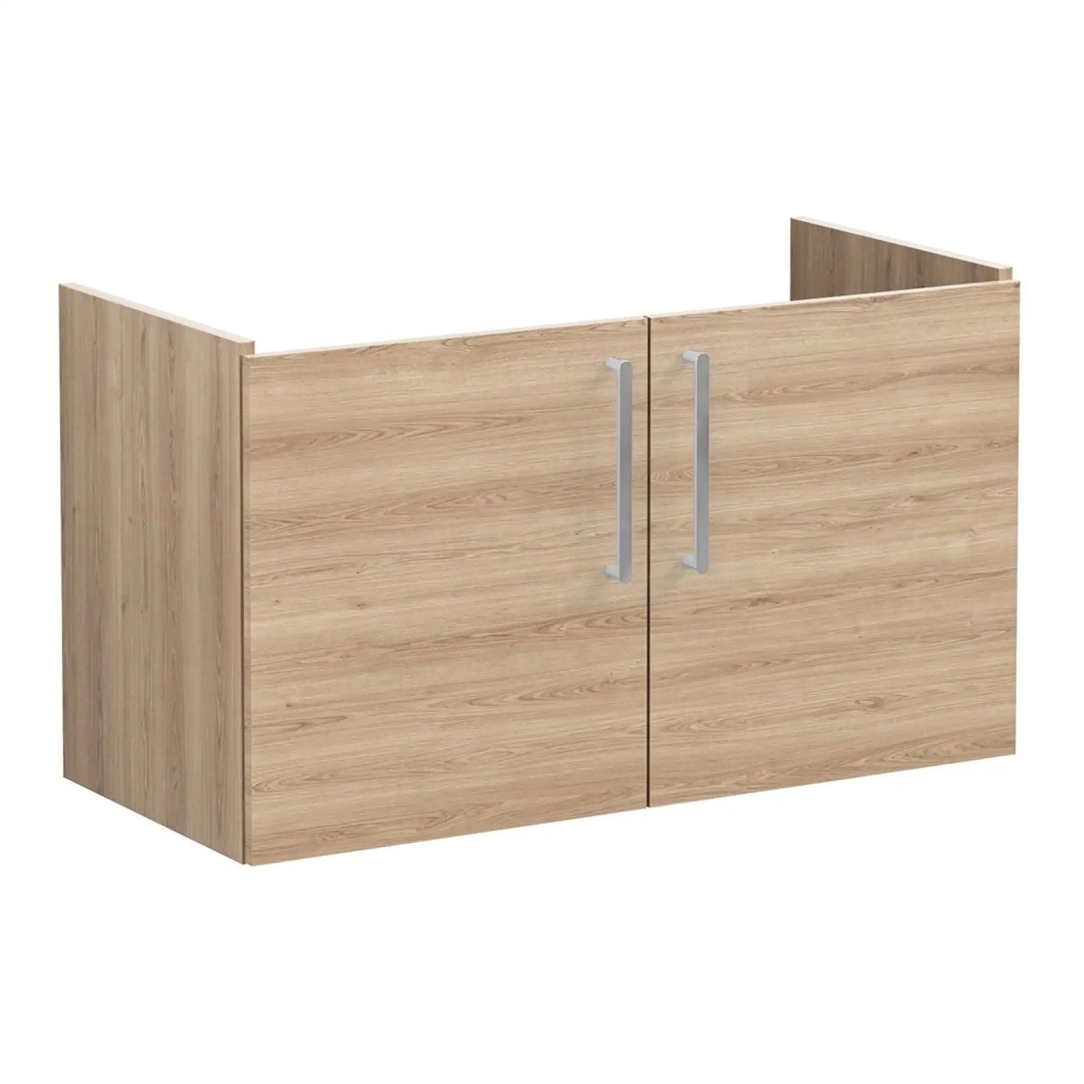 Sleek natural oak bathroom wall cabinet with silver handles, perfect for bathroom storage and organisation. Modern and functional design for your home.
