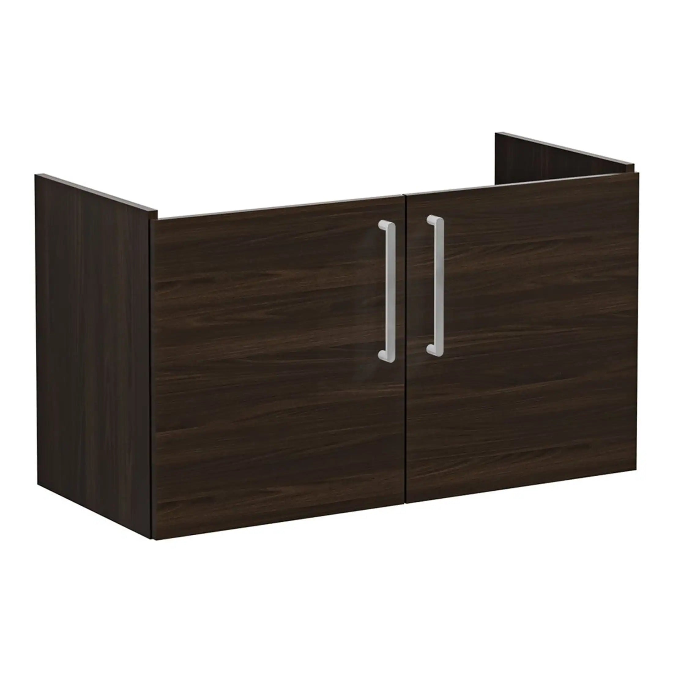 Contemporary dark wood bathroom cabinet with silver handles, ideal for modern bathroom storage solutions. Durable finish and sleek design enhance bathroom decor.