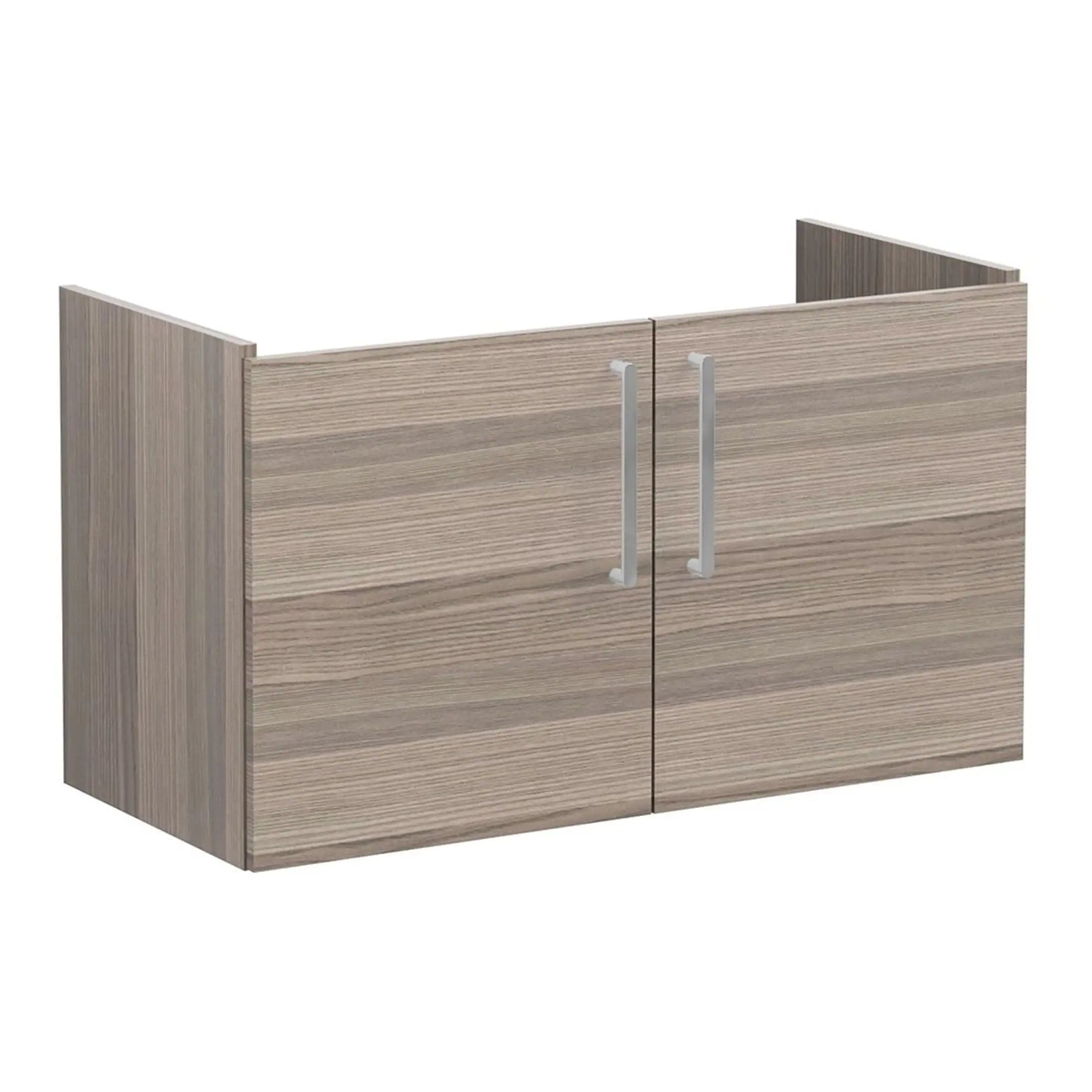 Sleek modern bathroom cabinet in wood finish with silver handles, ideal for bathroom storage solutions. Perfect for enhancing bathroom organisation and style.