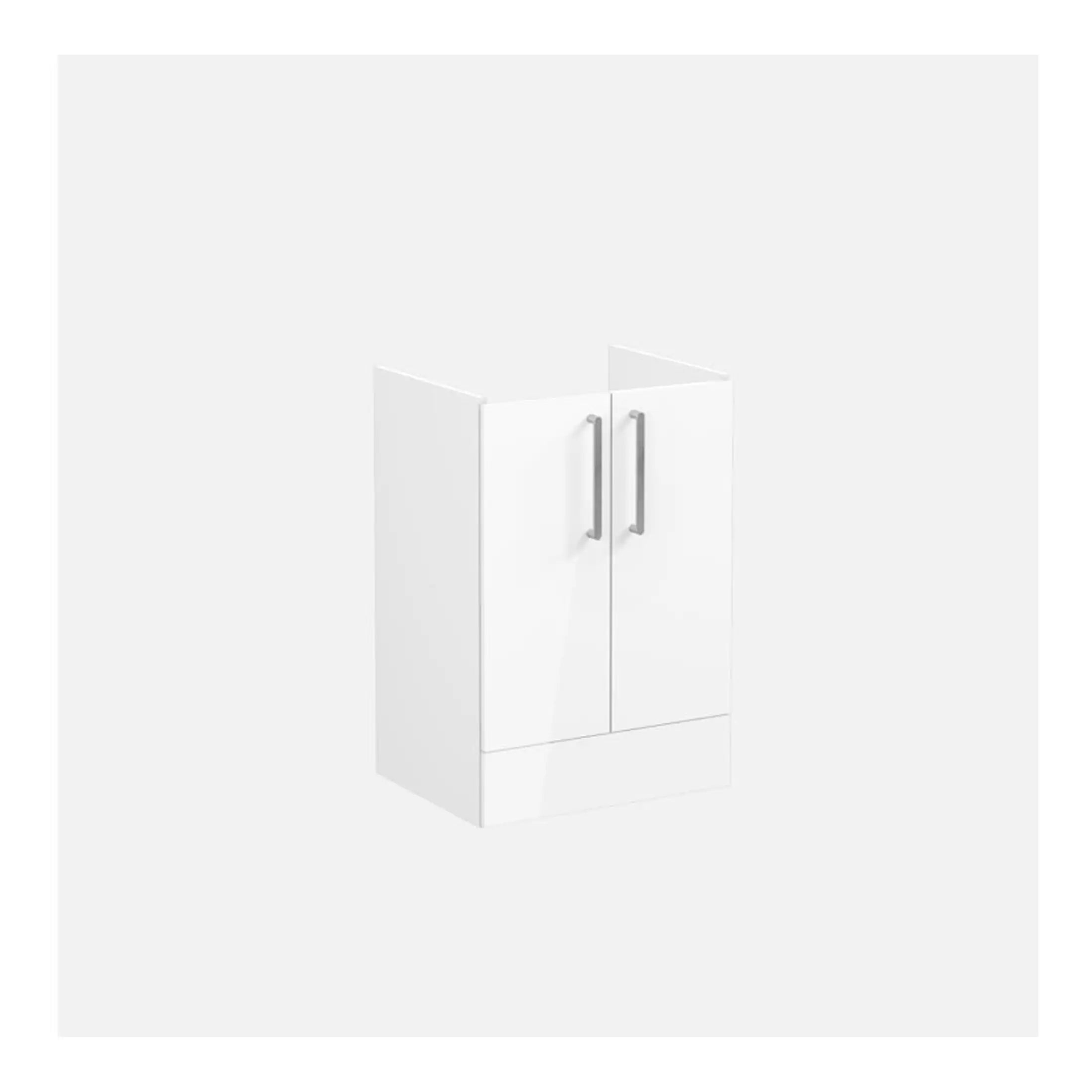 Modern white bathroom storage cabinet with sleek silver handles, ideal for organising bathroom essentials and enhancing space efficiency. Perfect for contemporary bathroom designs.
