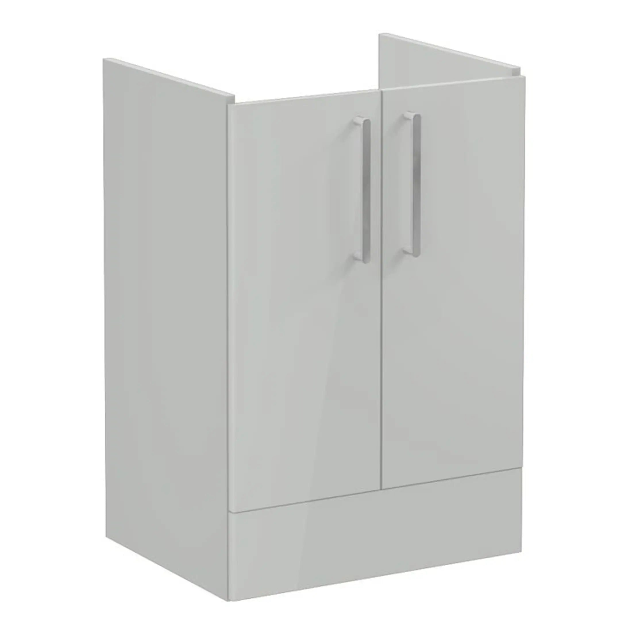 Modern white bathroom storage cabinet with sleek metal handles, designed for efficient space organisation in contemporary bathrooms. Perfect for storing toiletries and accessories.