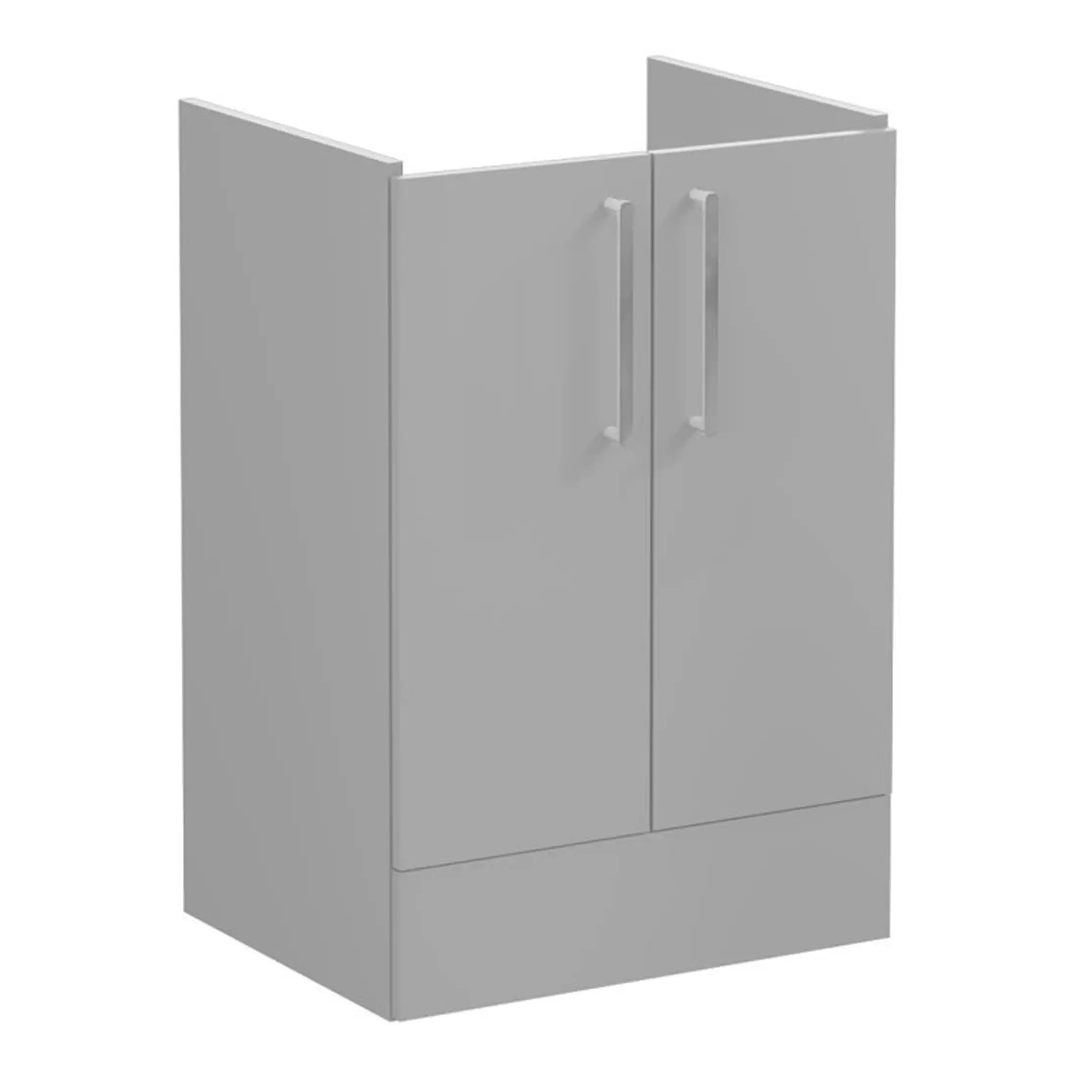 Modern grey bathroom storage cabinet with double doors and silver handles, ideal for contemporary bathroom organisation and space-saving solutions.