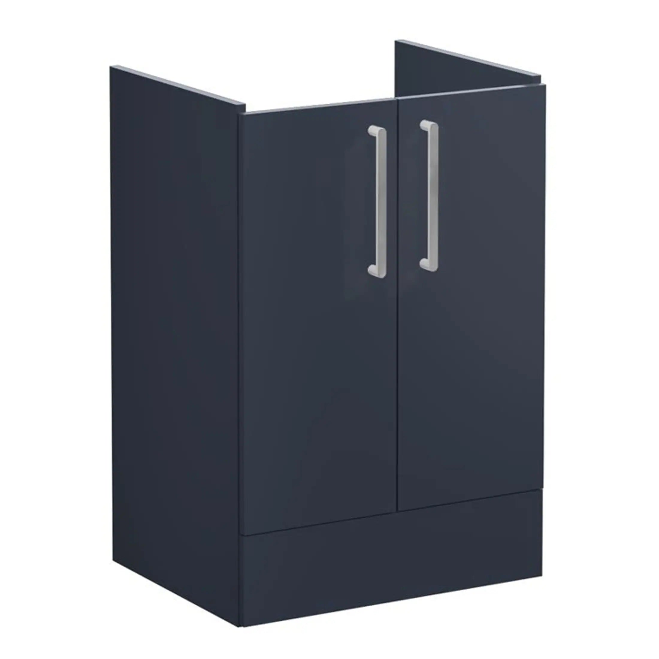 Modern navy blue bathroom storage cabinet with silver handles, ideal for bathroom organisation and space-saving solutions.