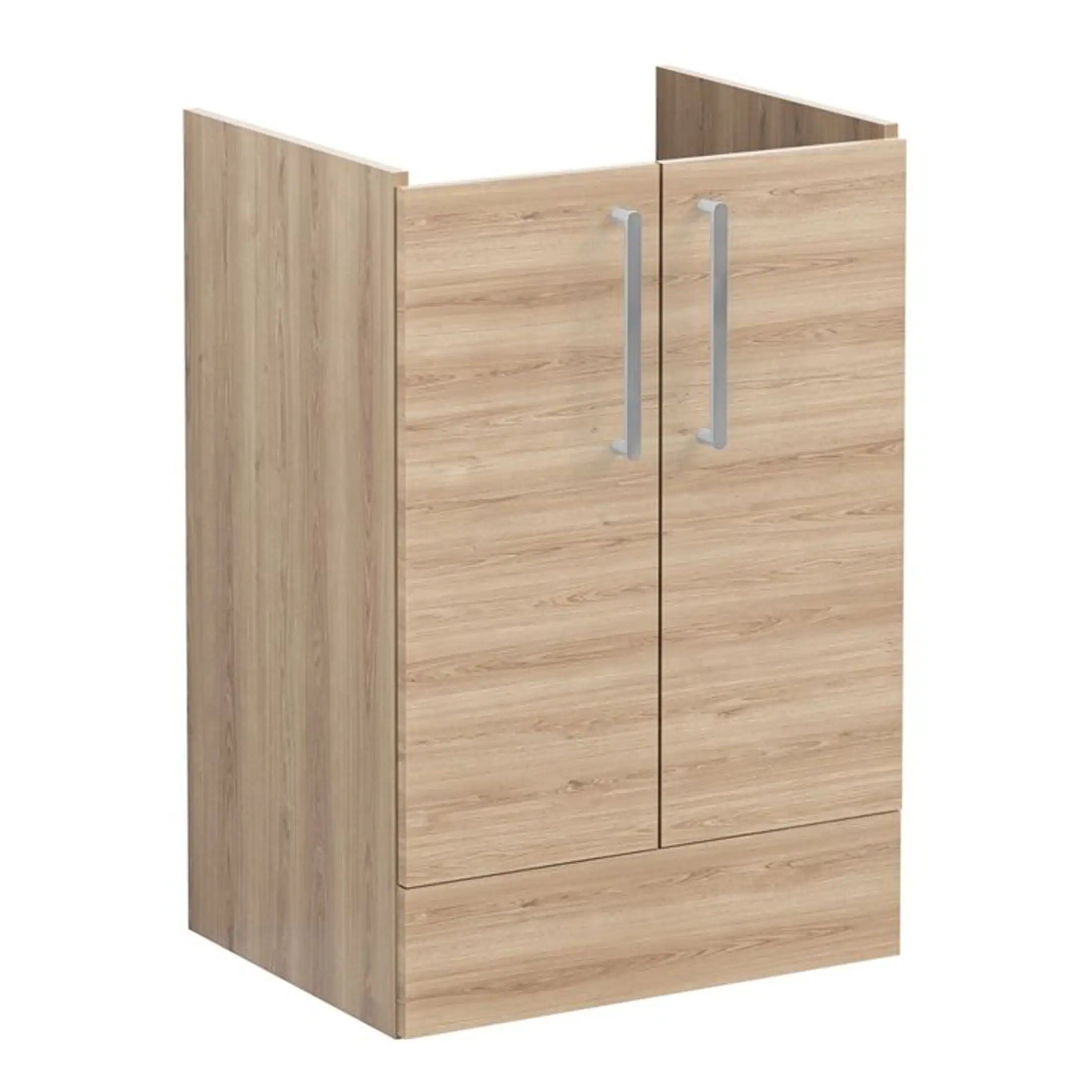 Sleek wooden bathroom cabinet with silver handles, ideal for modern bathrooms, offering ample storage space for toiletries and essentials. Perfect for creating a tidy and stylish bathroom environment.