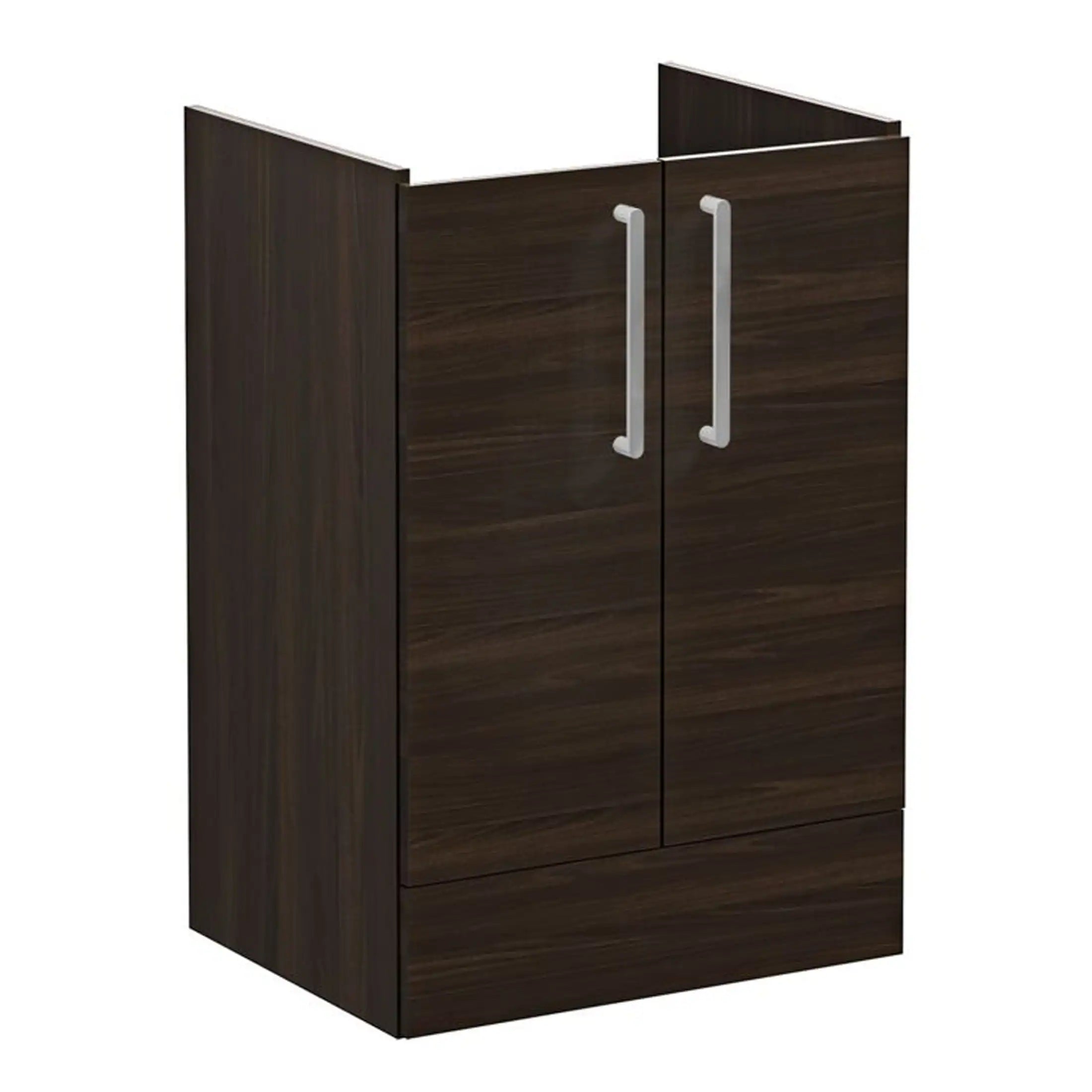 Modern dark wood bathroom cabinet with silver handles, ideal for bathroom storage and organisation, part of Bubly Bathrooms’ quality bathroom furniture collection.