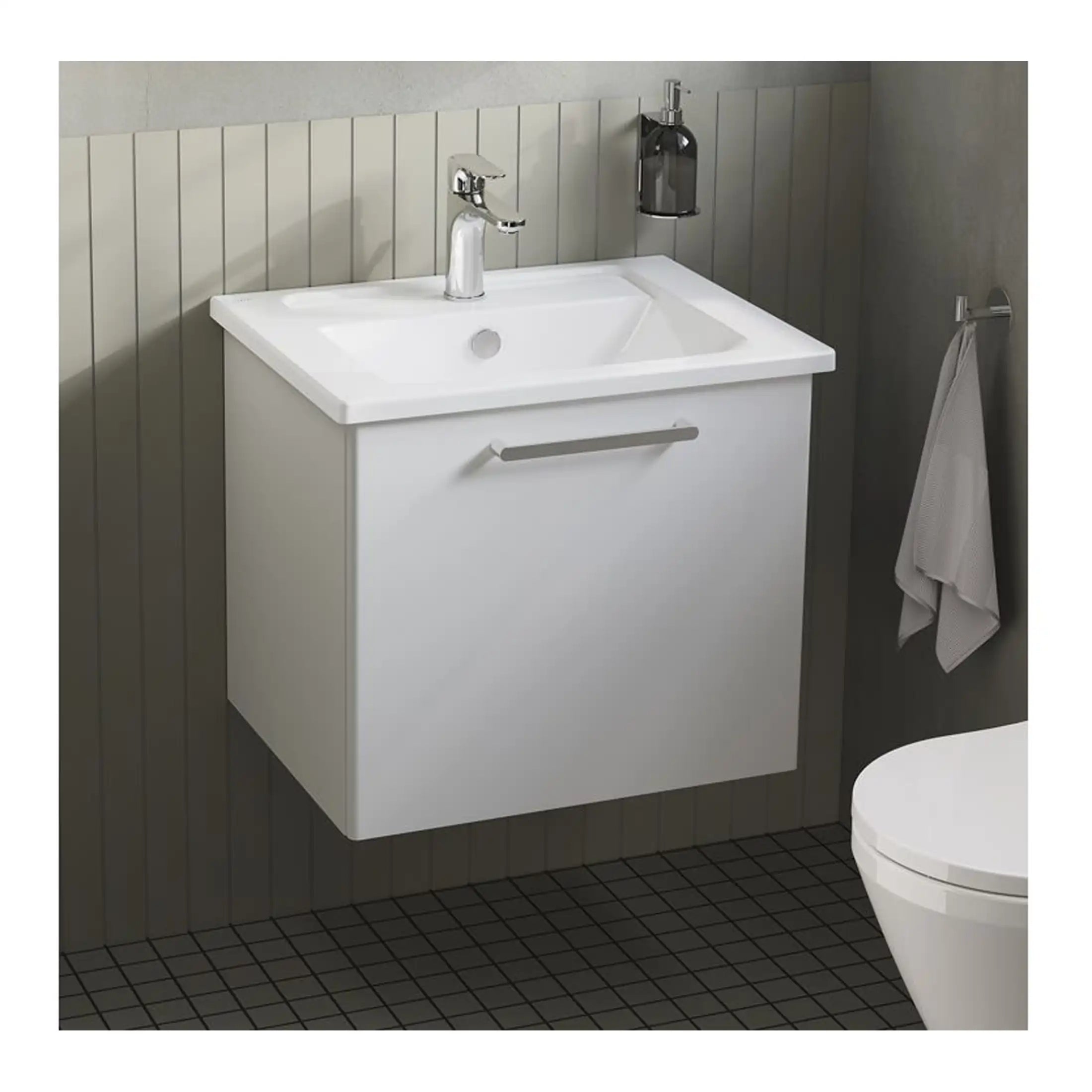 Modern white bathroom vanity with integrated sink and chrome faucet, wall-mounted storage with hand towel, in a contemporary bathroom setting.