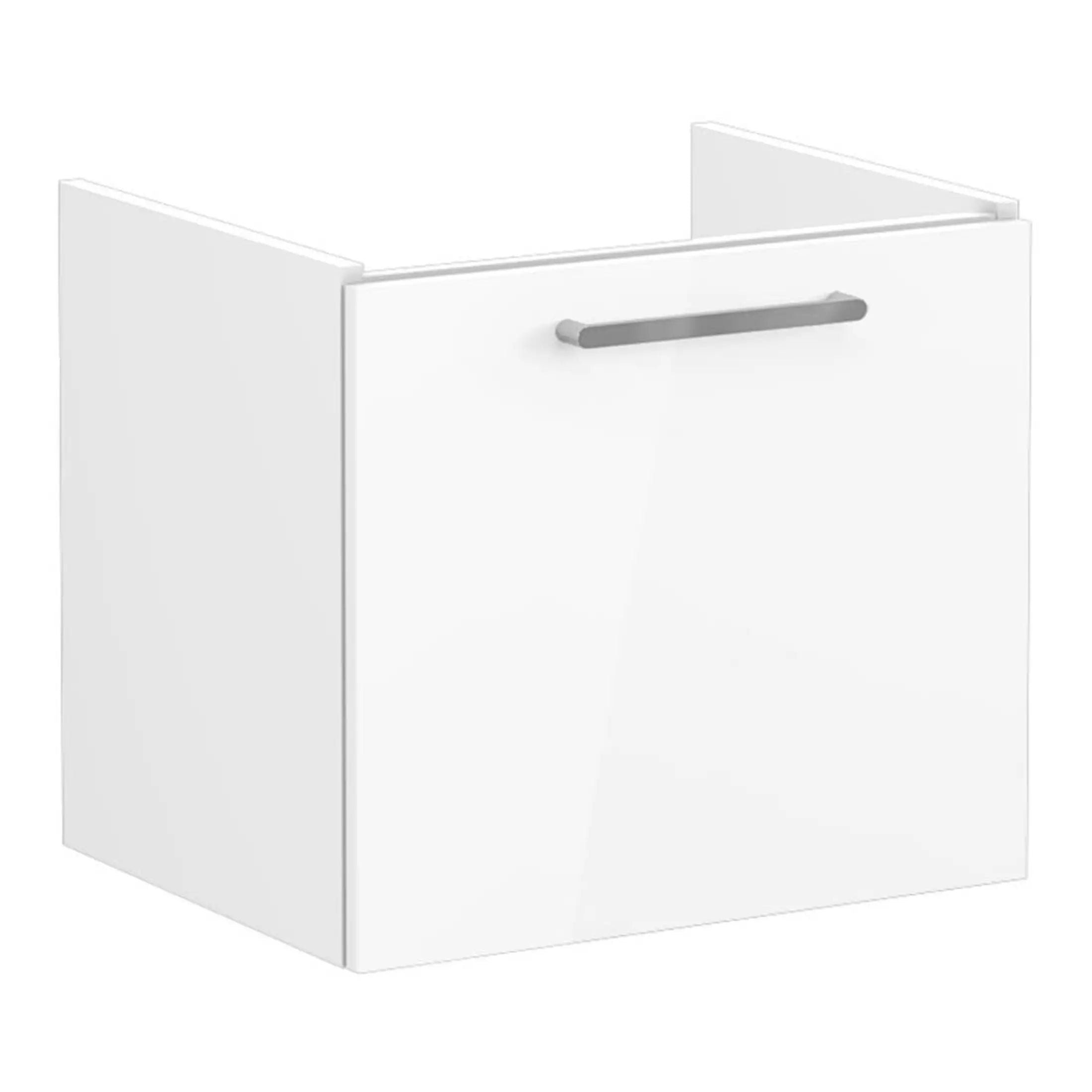 Sleek white bathroom vanity unit with a modern chrome handle, ideal for contemporary bathroom storage solutions. Perfect for organising essentials while maintaining a clean aesthetic.