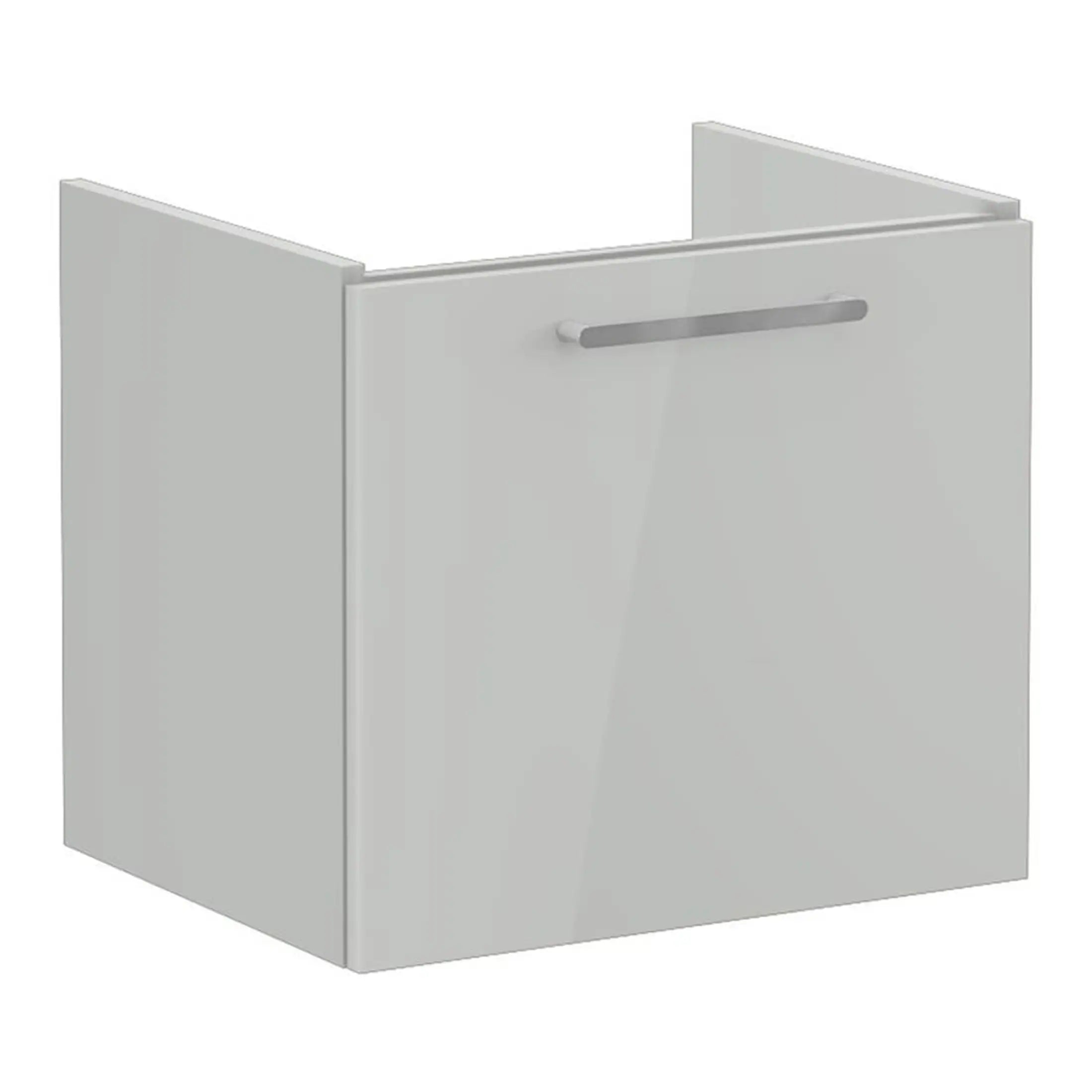 Sleek white bathroom vanity cabinet with a modern, minimalist design and silver handle, ideal for contemporary bathroom storage solutions. Perfect for enhancing bathroom organisation and style.