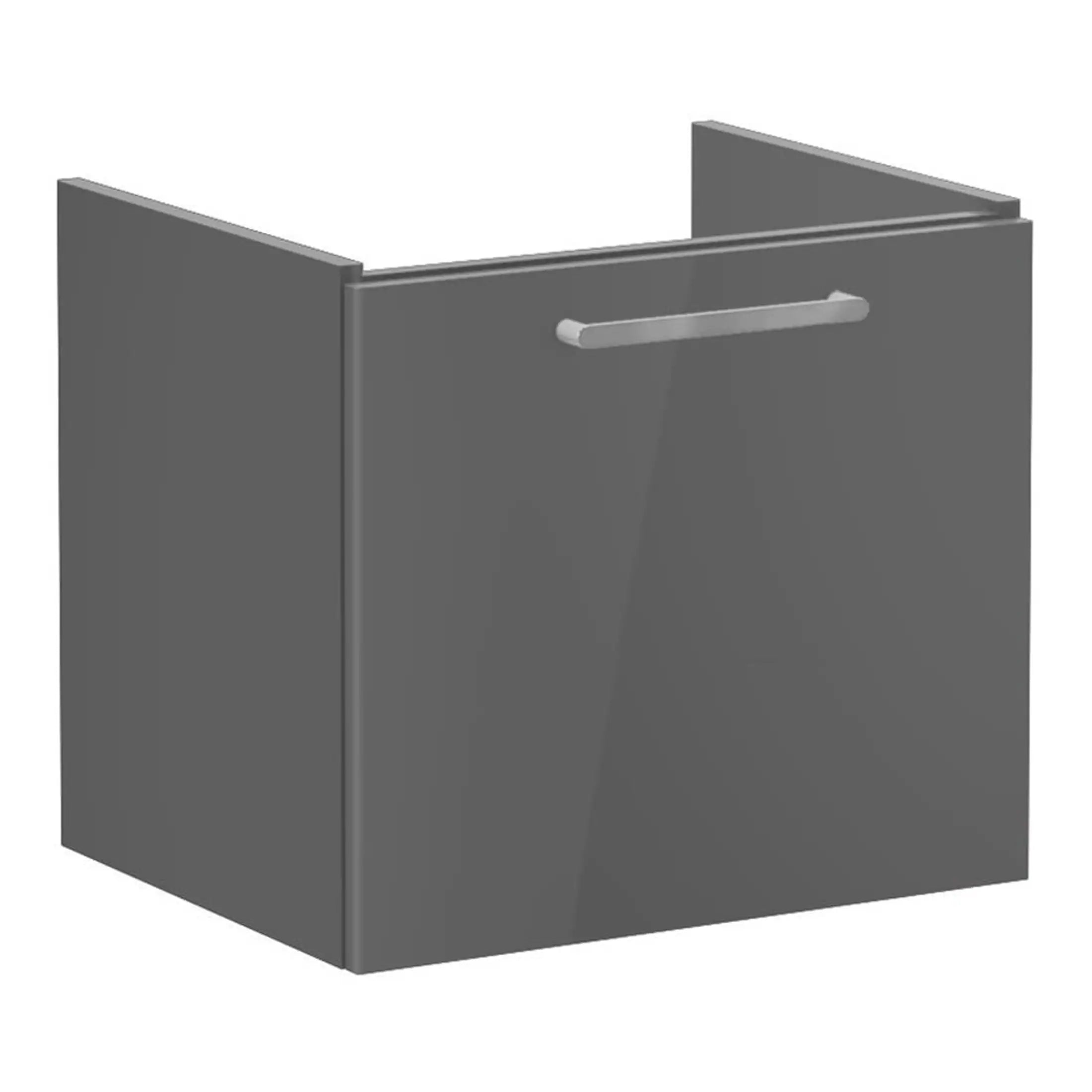 Modern grey bathroom vanity cabinet with sleek handle, ideal for contemporary bathroom storage and cabinetry.